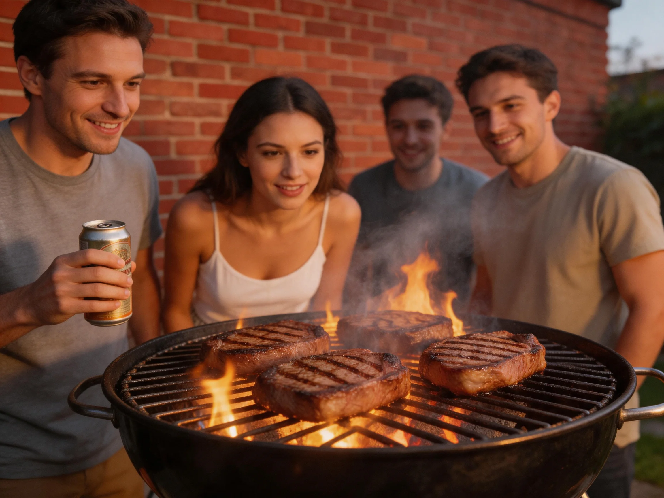 Four friends grill marbled steaks near a red brick wall outdoors