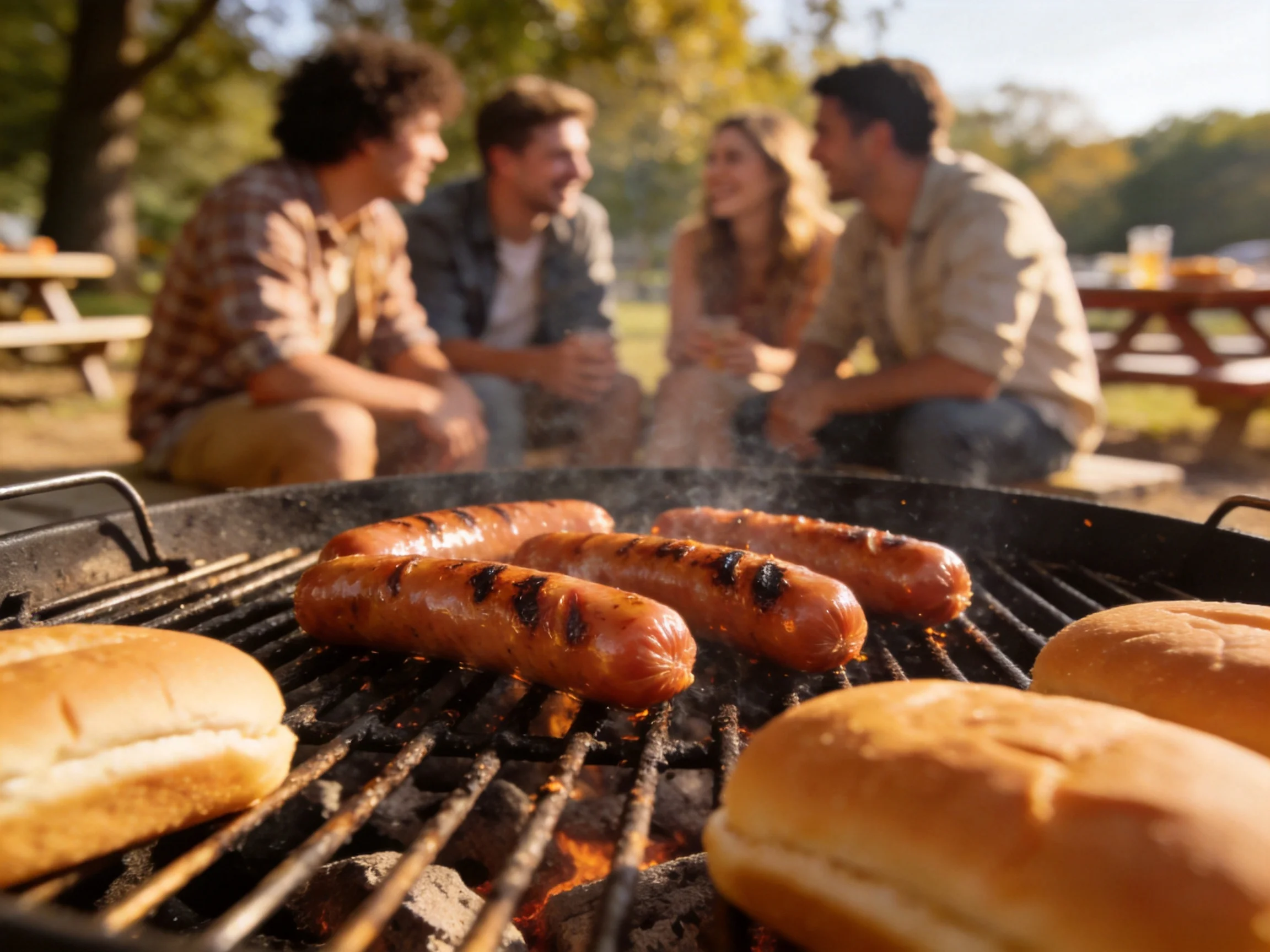 Four friends socializing near a grill with grilled sausages and buns
