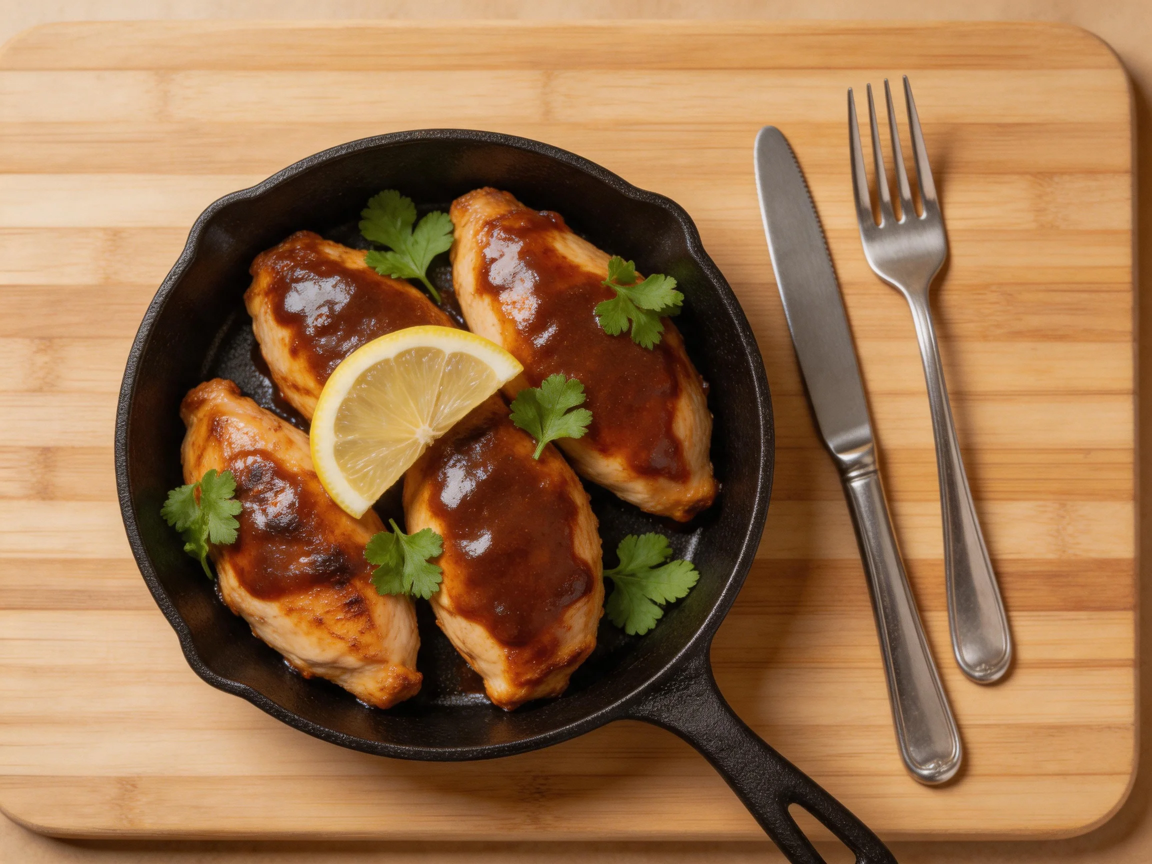 Four glazed chicken breasts in a cast iron skillet with lemon and cilantro