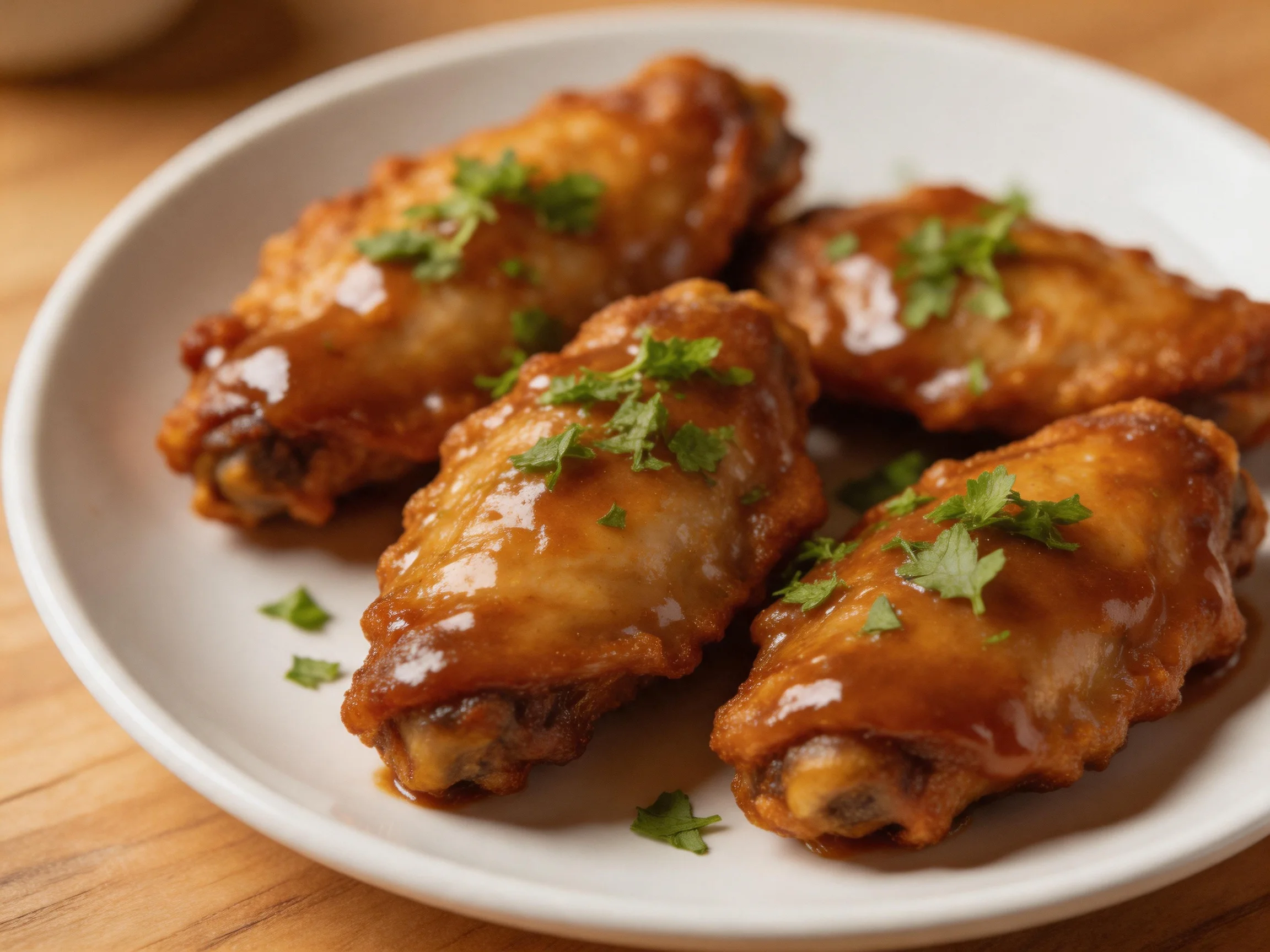 Four glazed chicken wings garnished with fresh herbs on a white plate