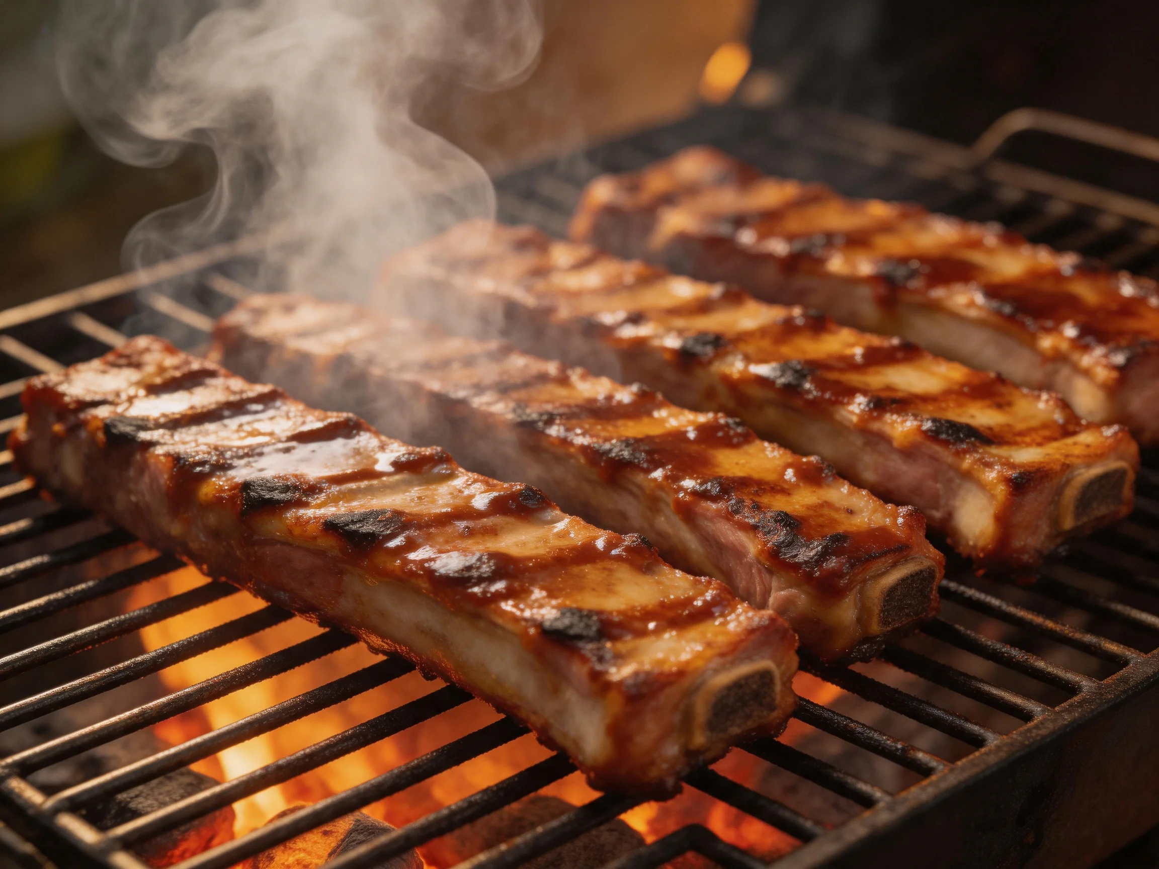 Four glazed pork ribs grilling over bright orange flames with rising smoke