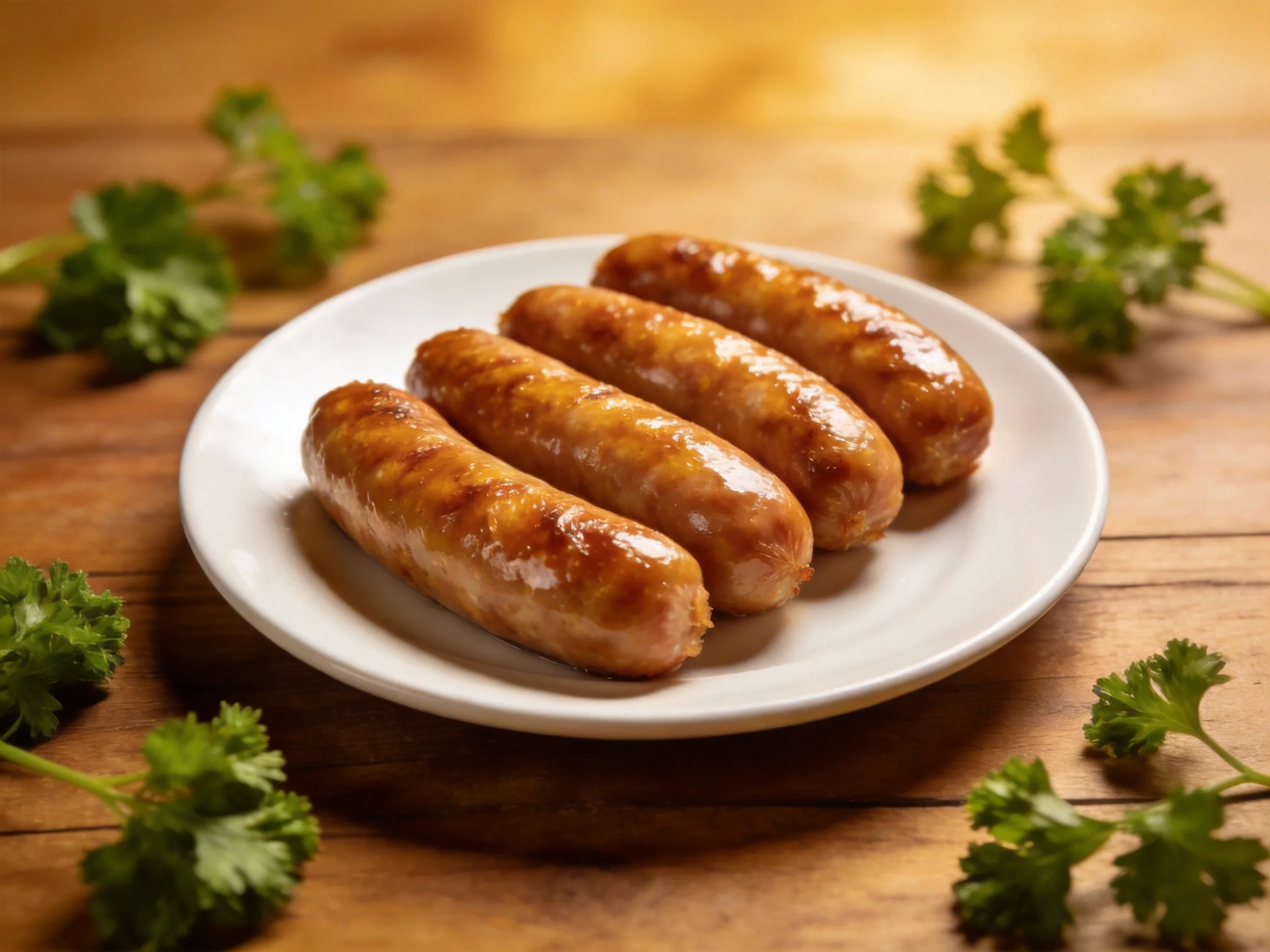 Four glossy brown sausages served on a white plate with fresh green herbs