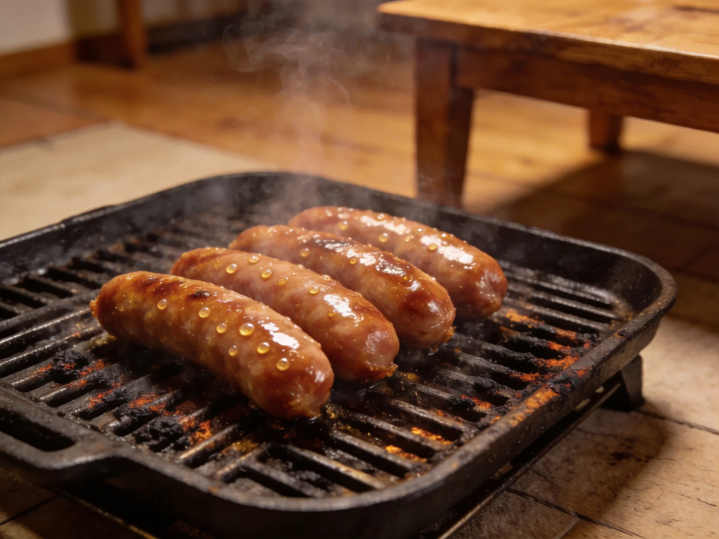 Four glossy sausages grilling on a black cast iron griddle