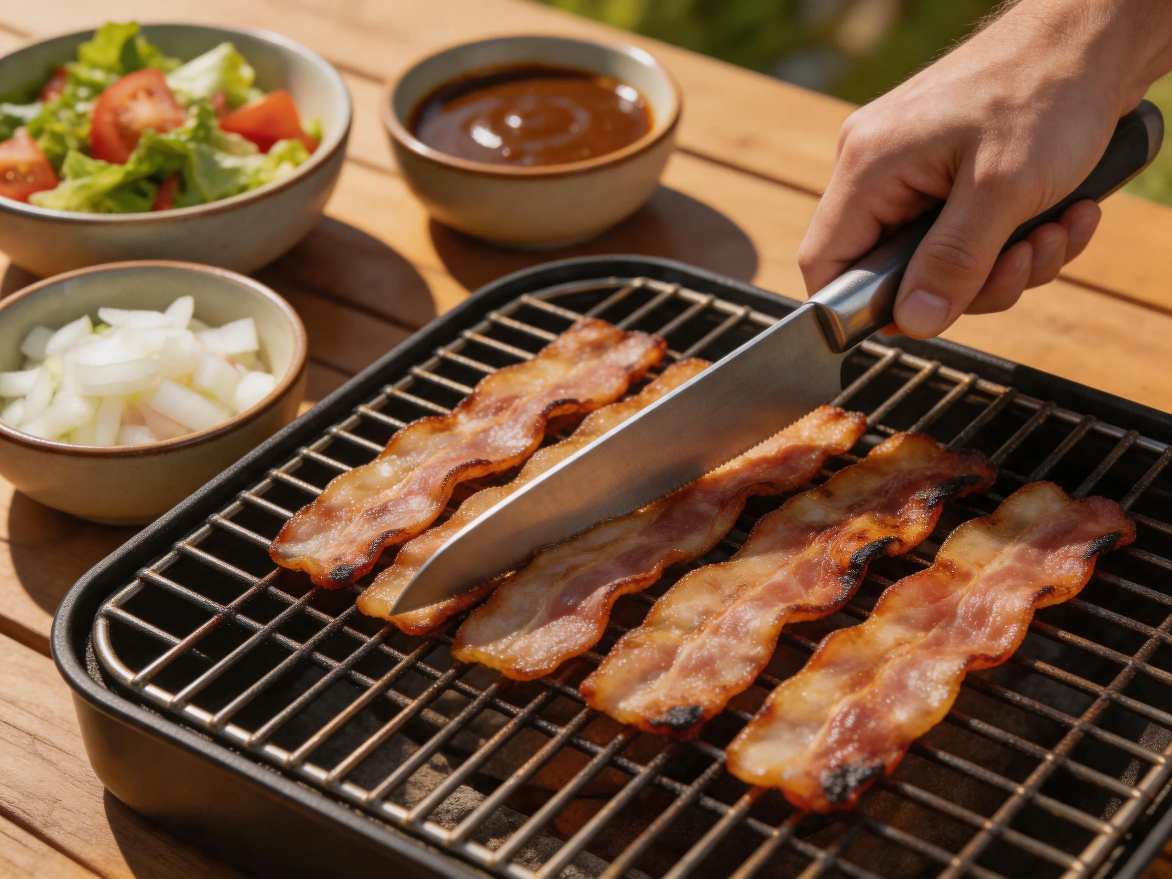 Four golden-brown bacon strips grilling on a black grill pan