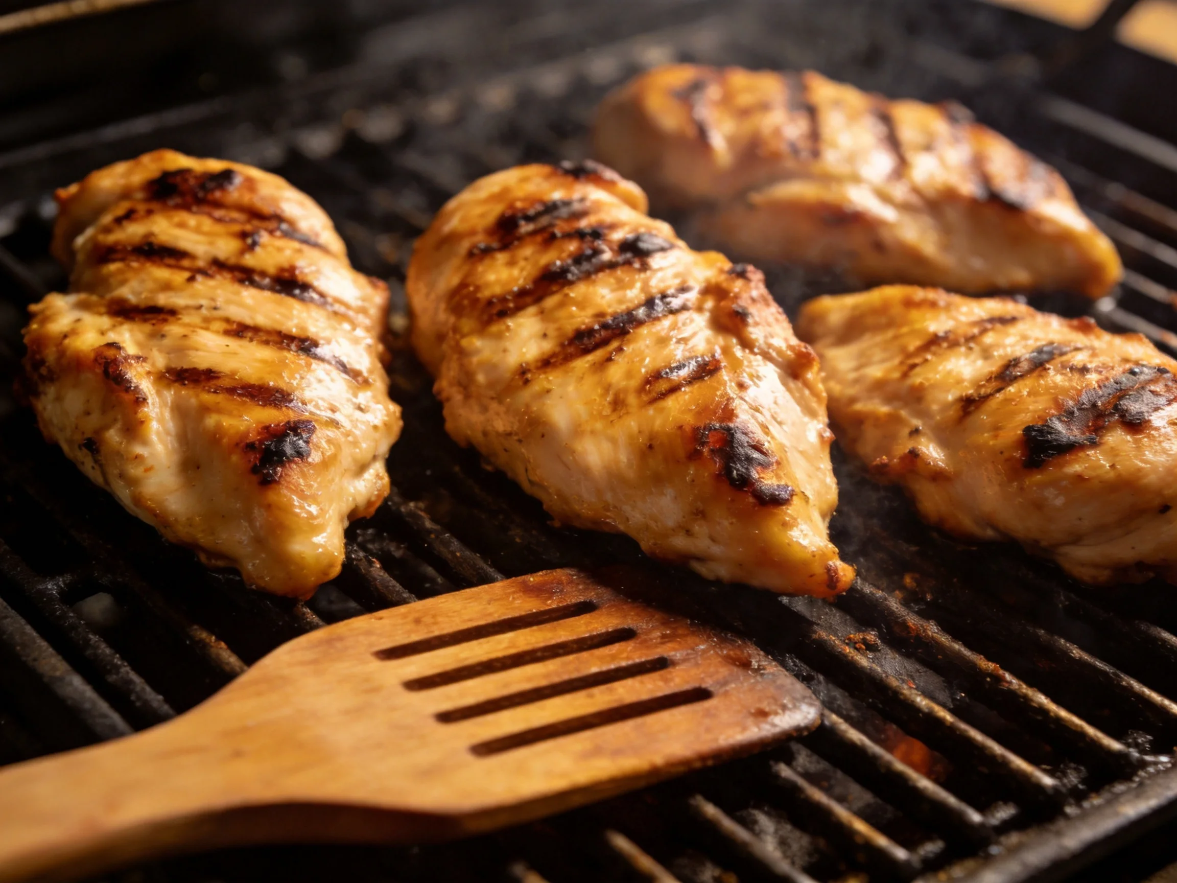 Four golden-brown chicken breasts grilling on a black barbecue