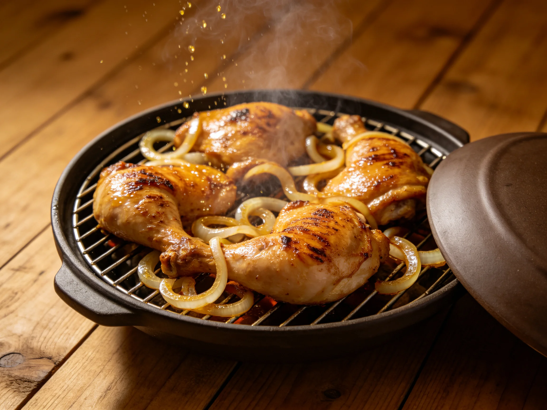 Four golden-brown chicken legs with caramelized onions grilling in a cast iron pan