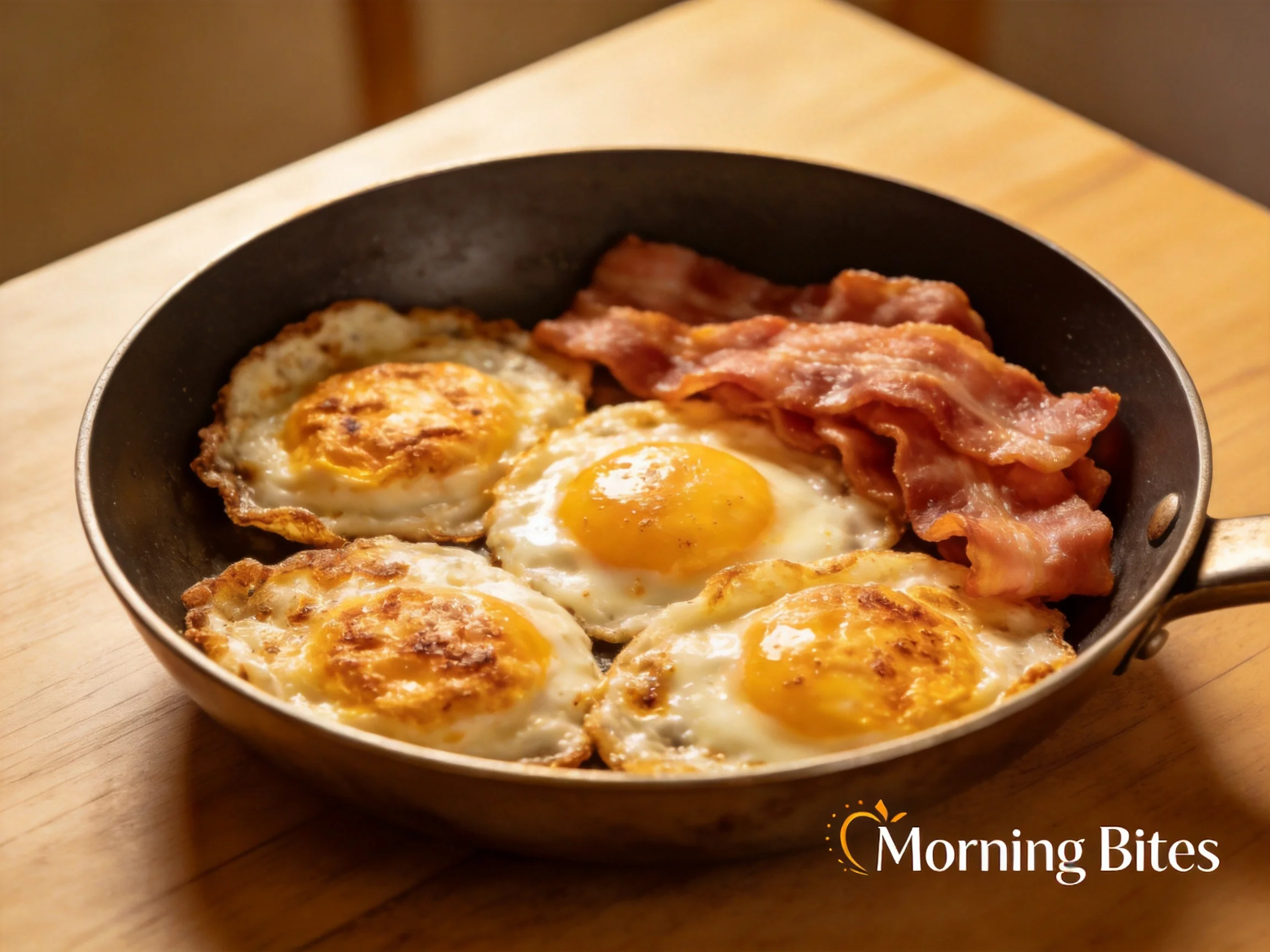 Four golden-brown fried eggs and crispy bacon in a black skillet