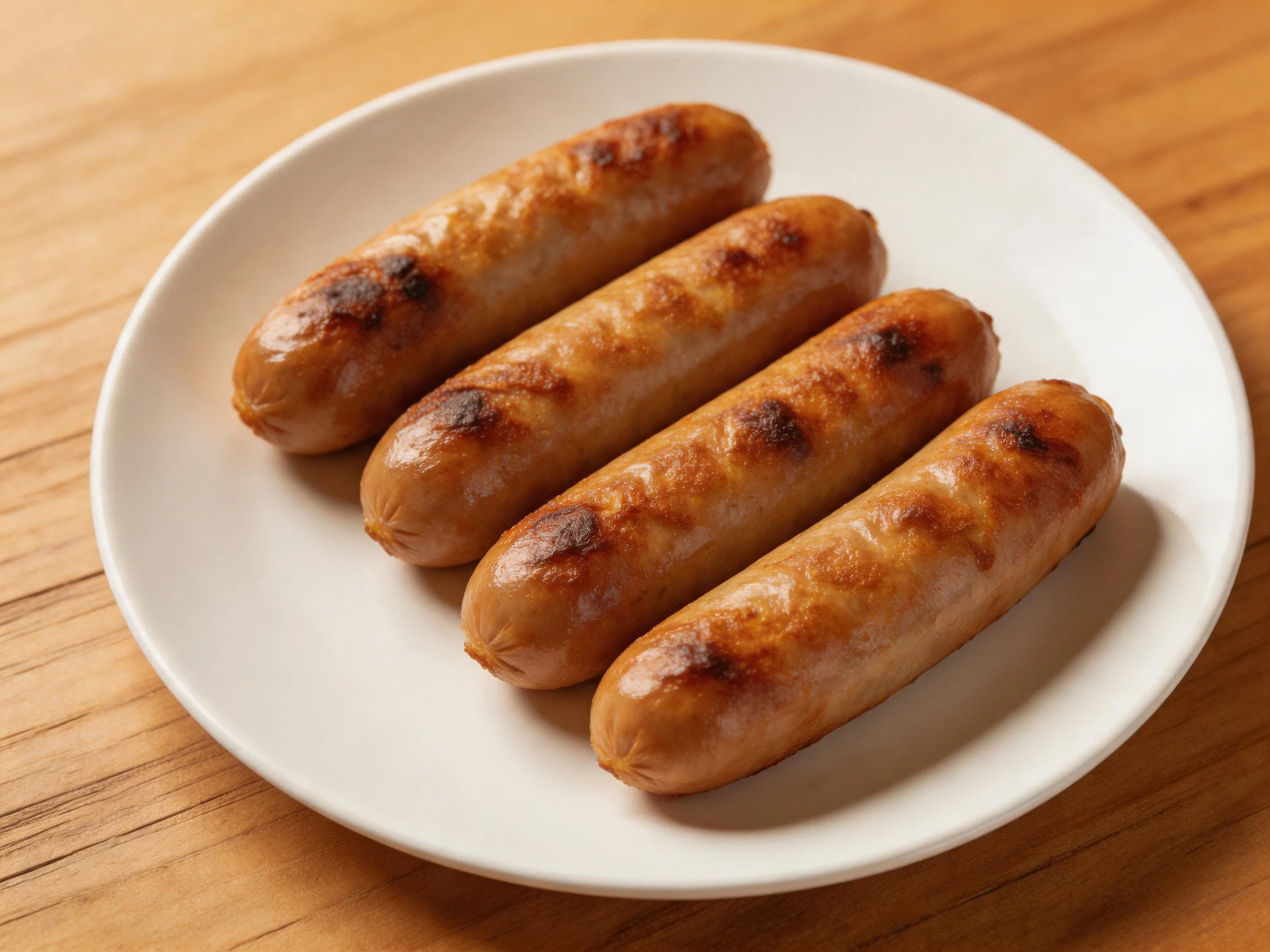 Four golden-brown grilled sausages on a white plate