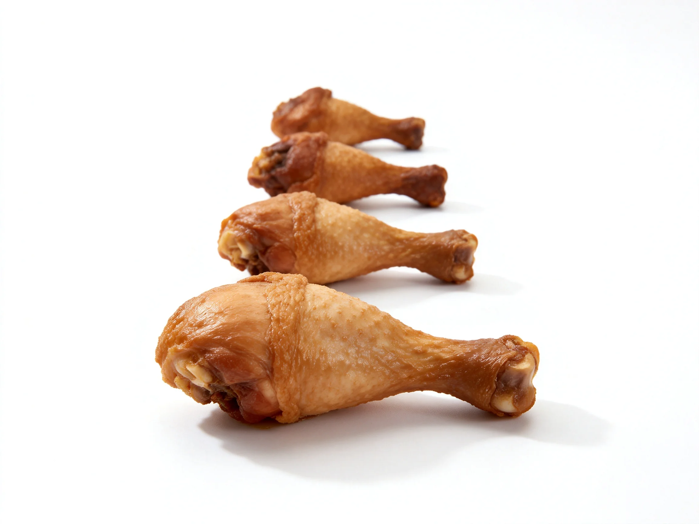 Four golden-brown roasted chicken drumsticks arranged in a linear sequence