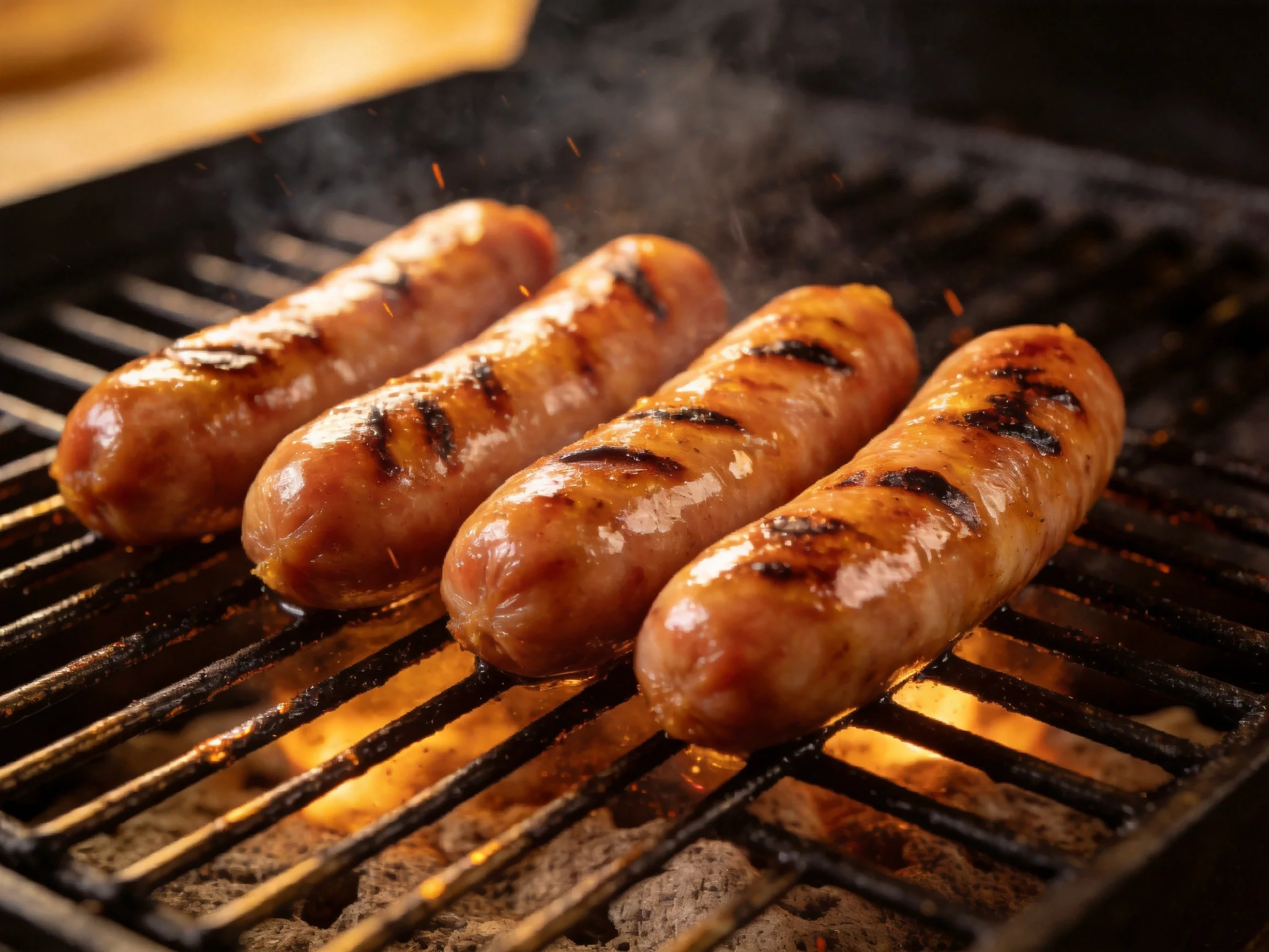 Four golden-brown sausages grilling on a black barbecue