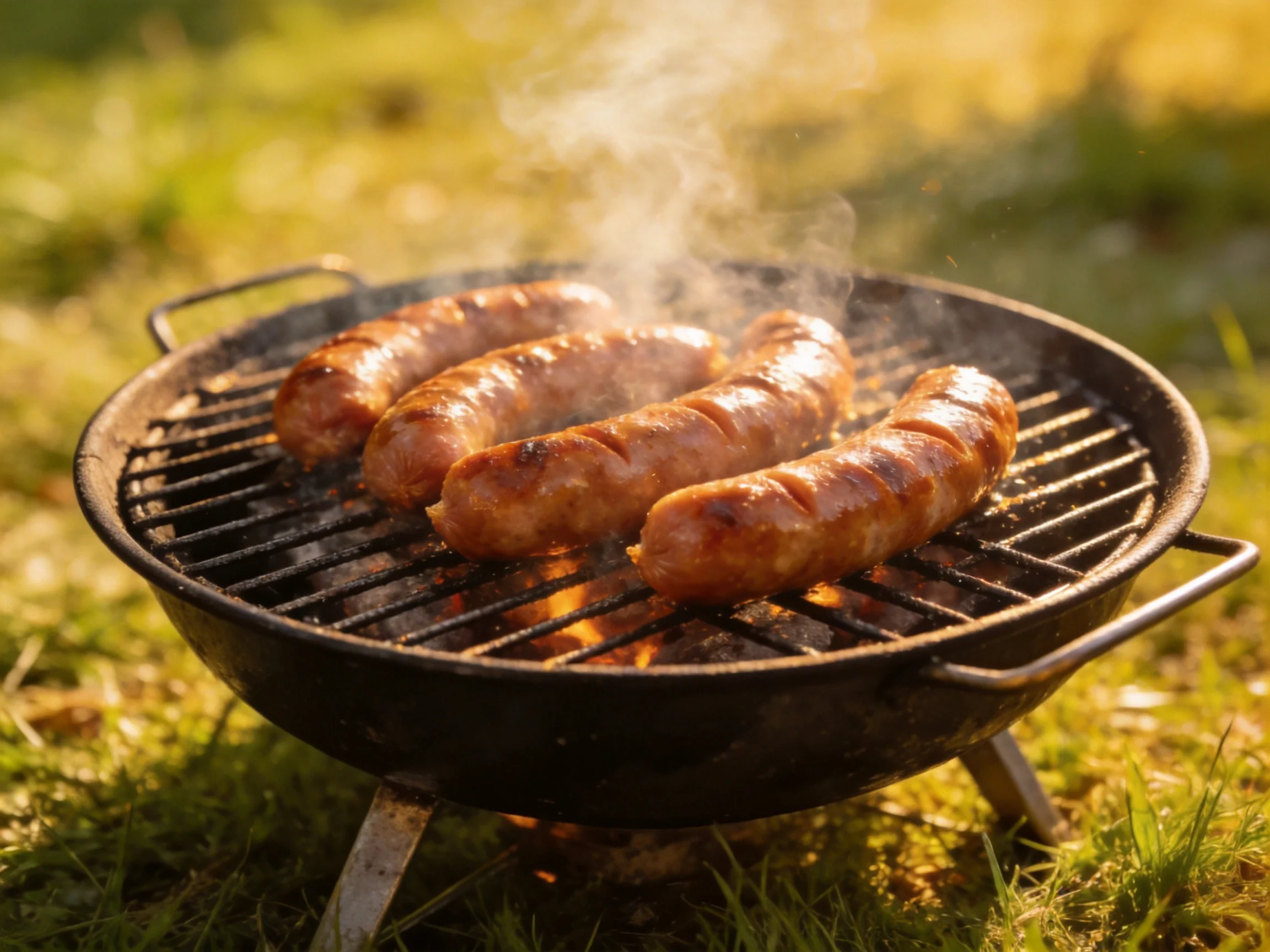 Four golden-brown sausages sizzling on a black charcoal grill