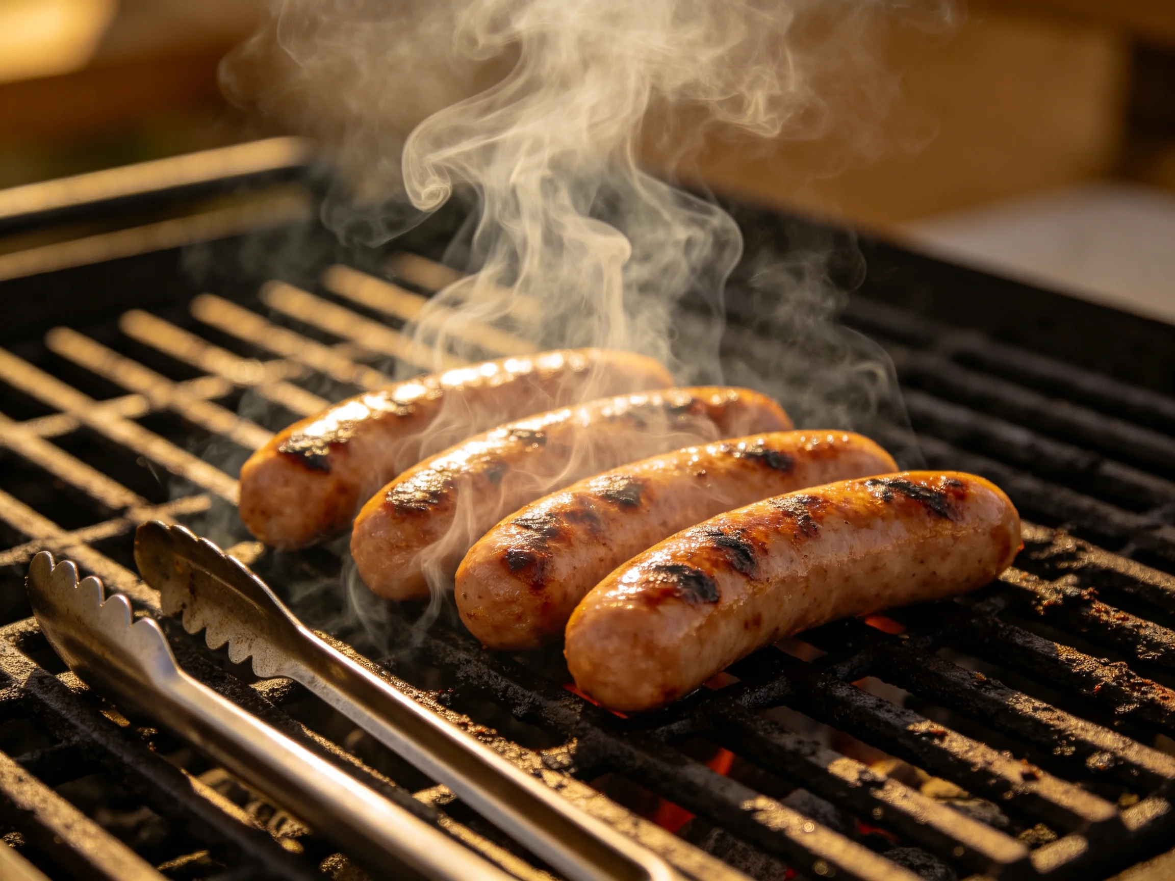 Four golden-brown sausages sizzling on a black grill
