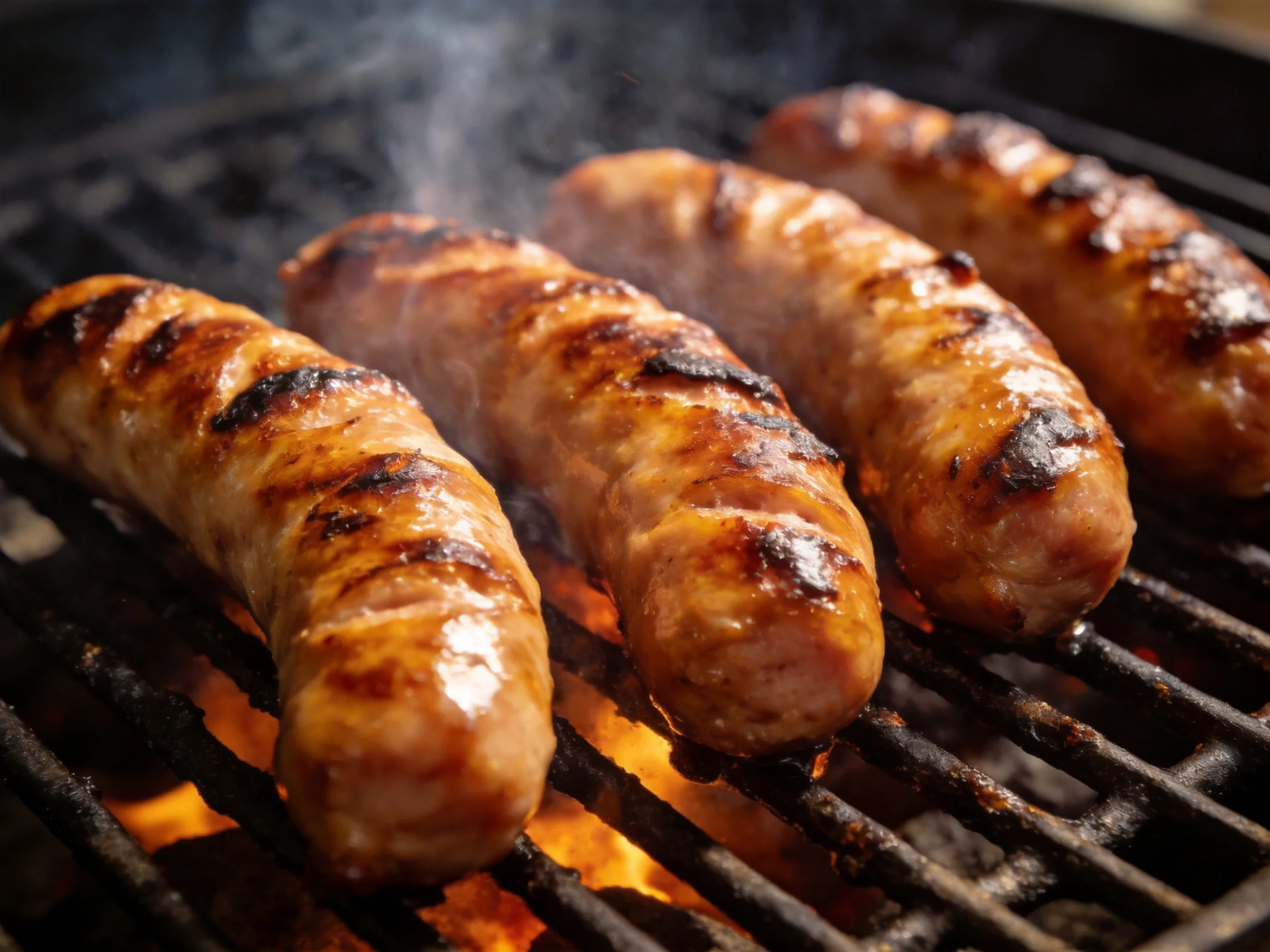 Four golden-brown sausages sizzling on a charcoal grill