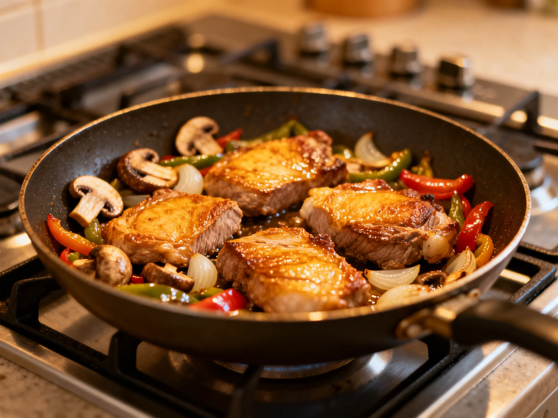Four golden-brown steaks cook with bell peppers, mushrooms, and onions in a skillet