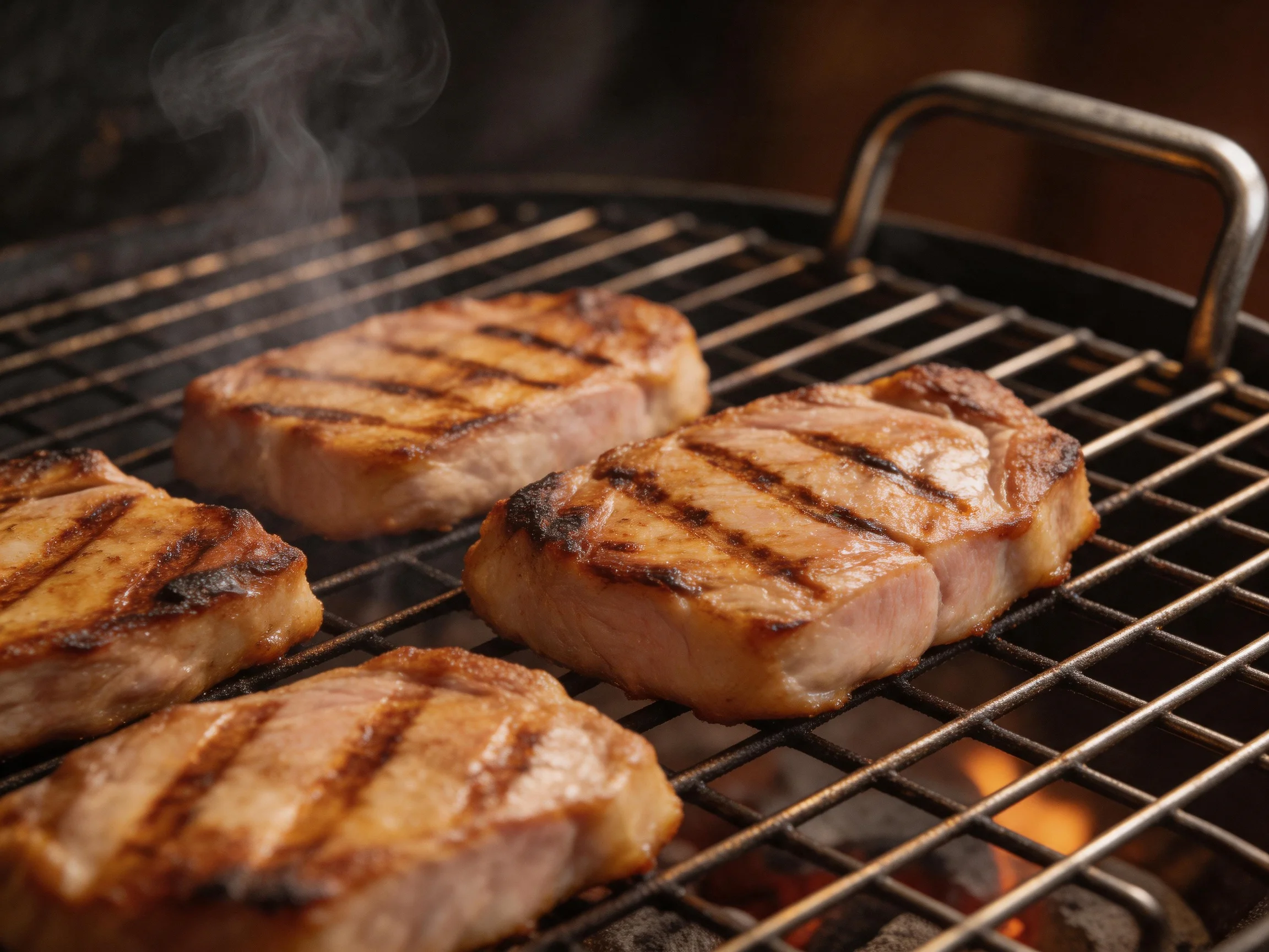 Four golden-brown steaks with grill marks grilling on a black barbecue grill