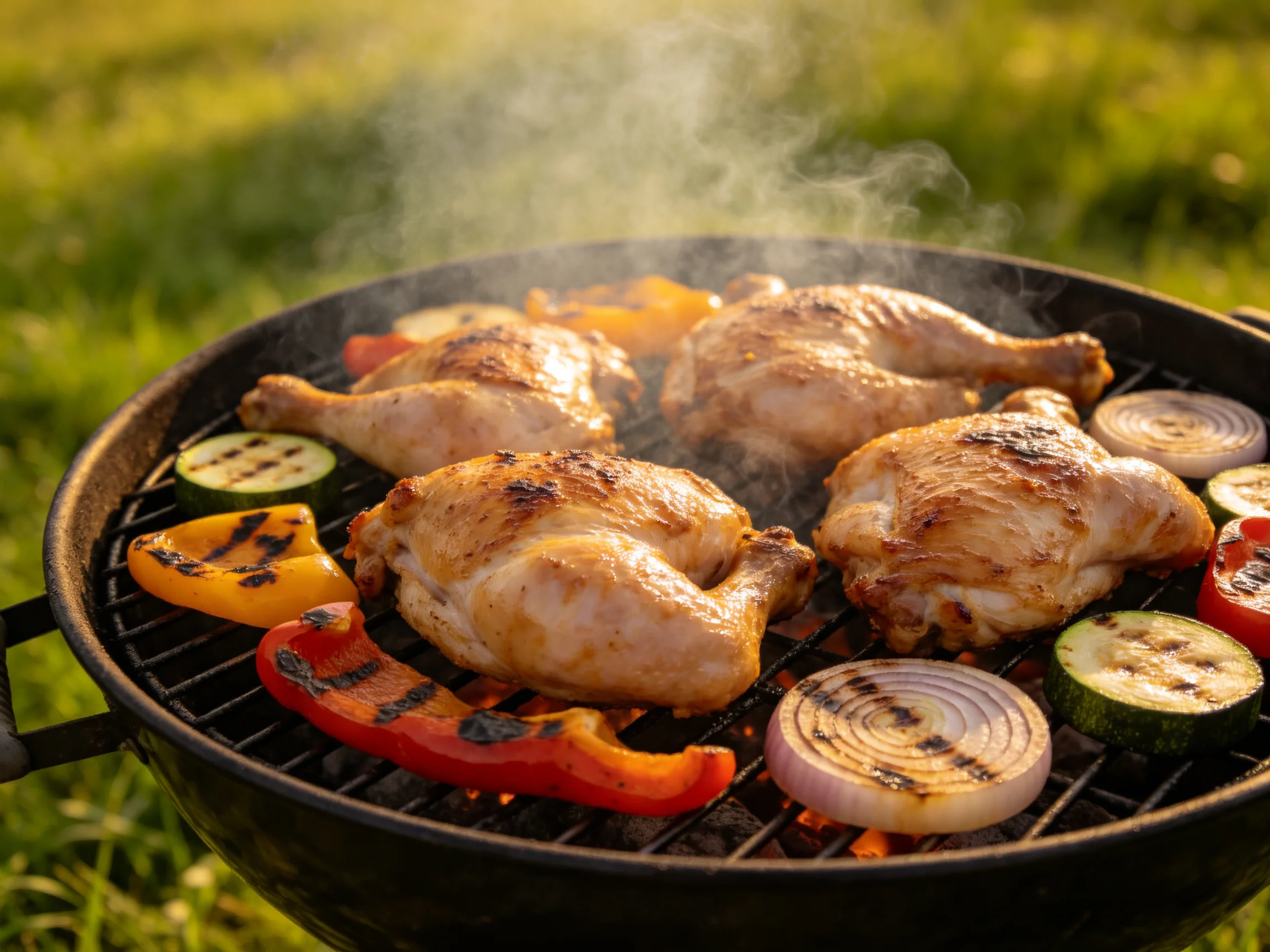 Four golden chickens and colorful vegetables sizzle on an outdoor charcoal grill