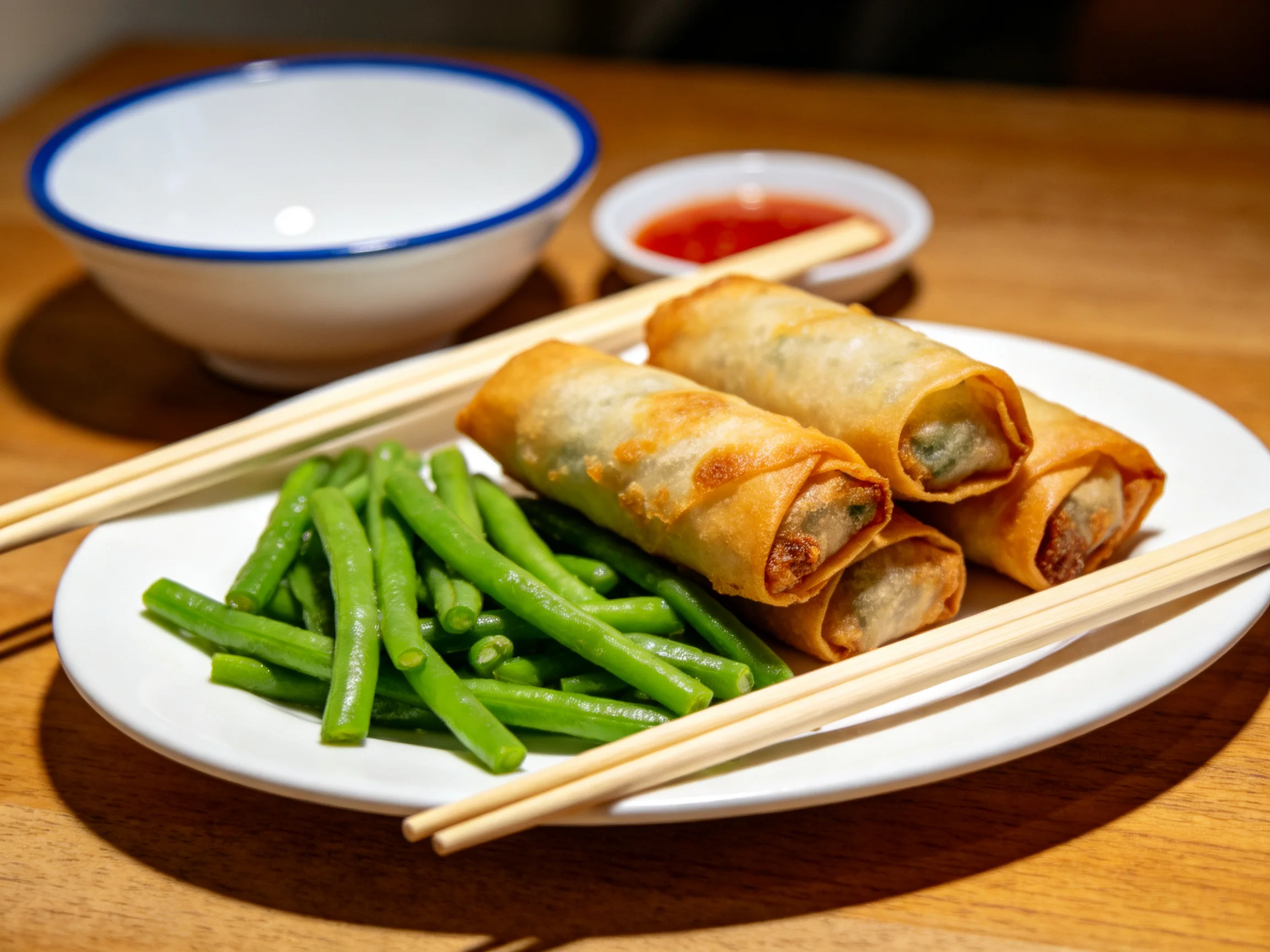 Four golden spring rolls with vibrant green beans and blue-rimmed bowls