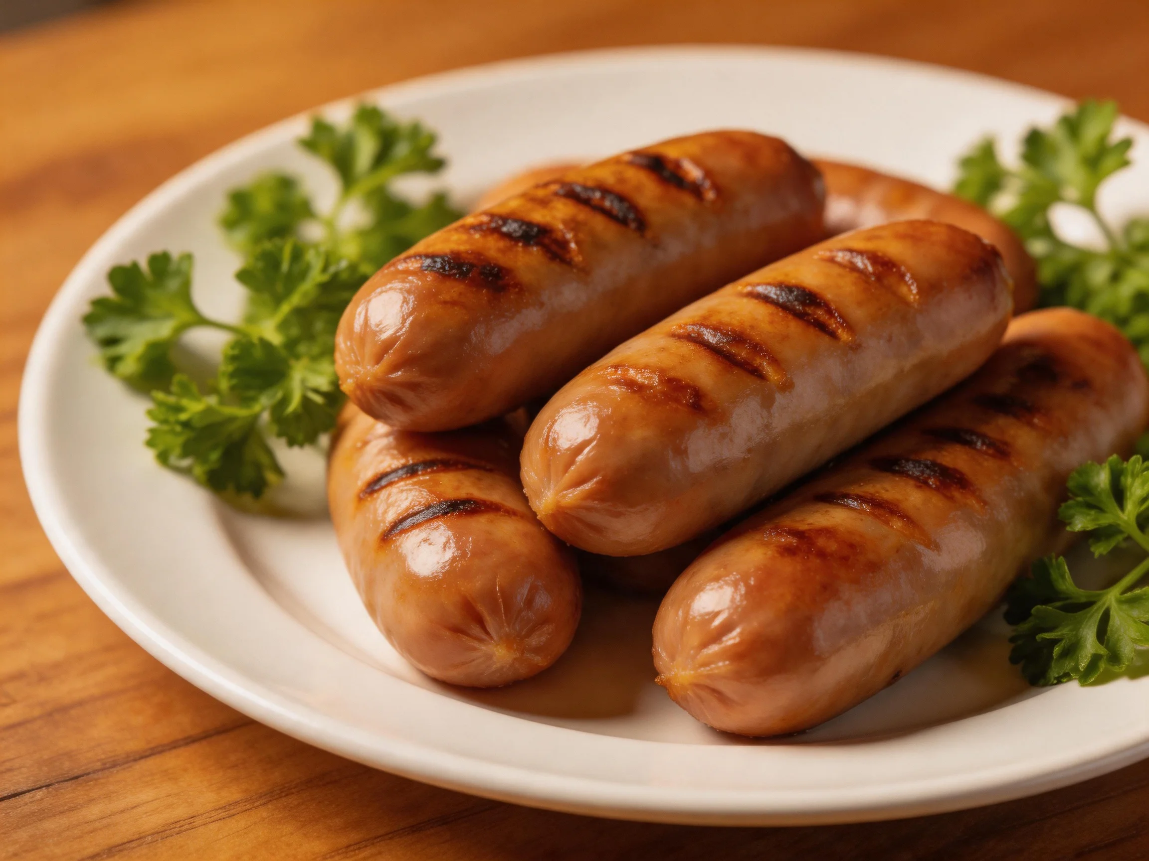 Four grilled brown sausages with green parsley on a white plate