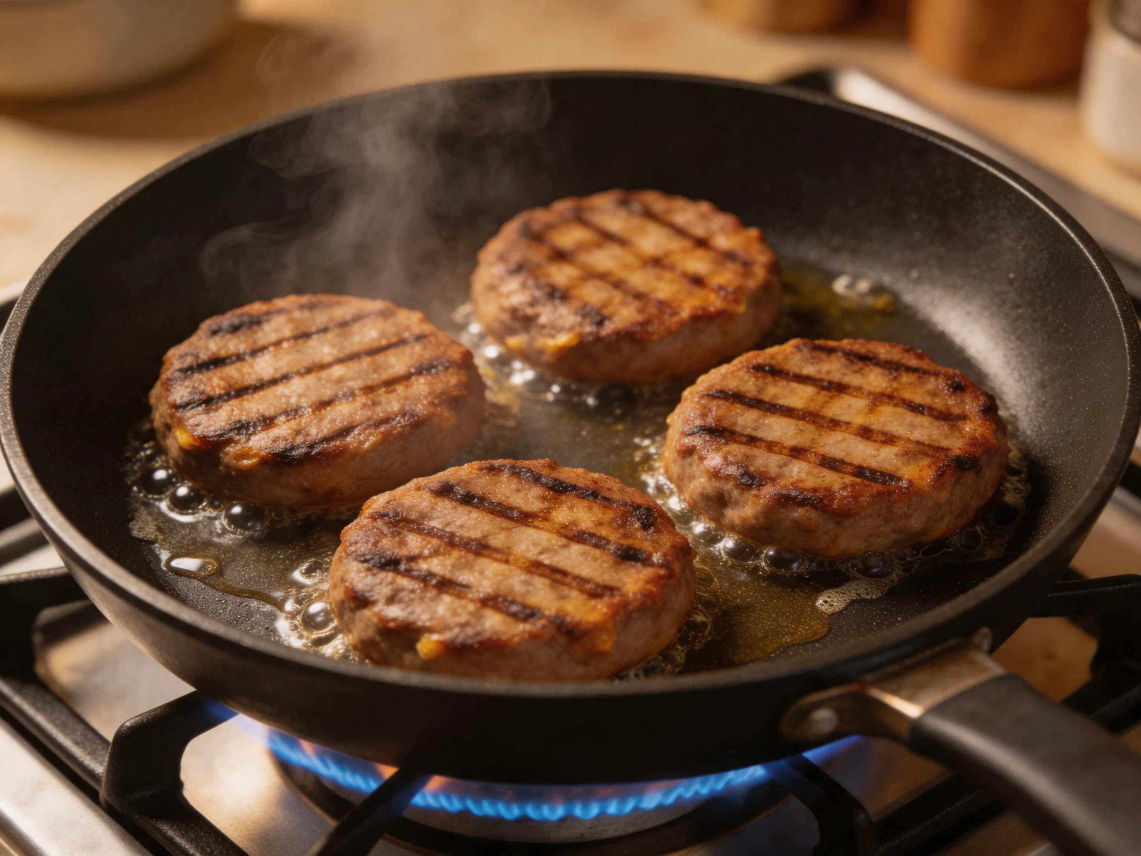 Four grilled burger patties cooking in a black frying pan over a gas stove