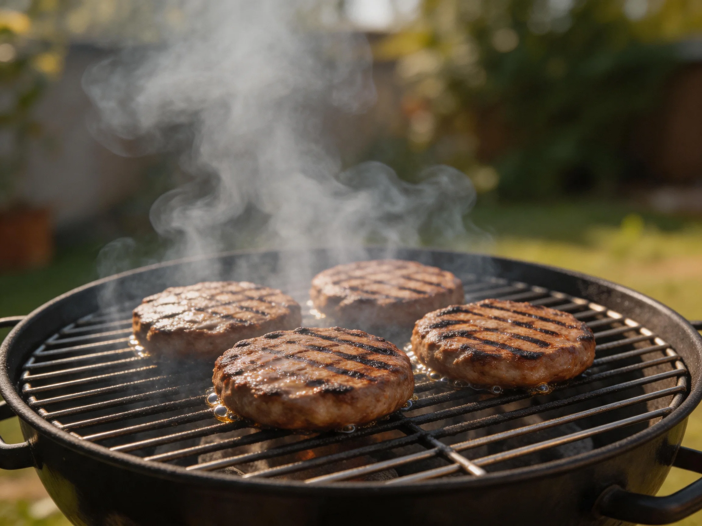 Four grilled burger patties cooking on a black charcoal grill