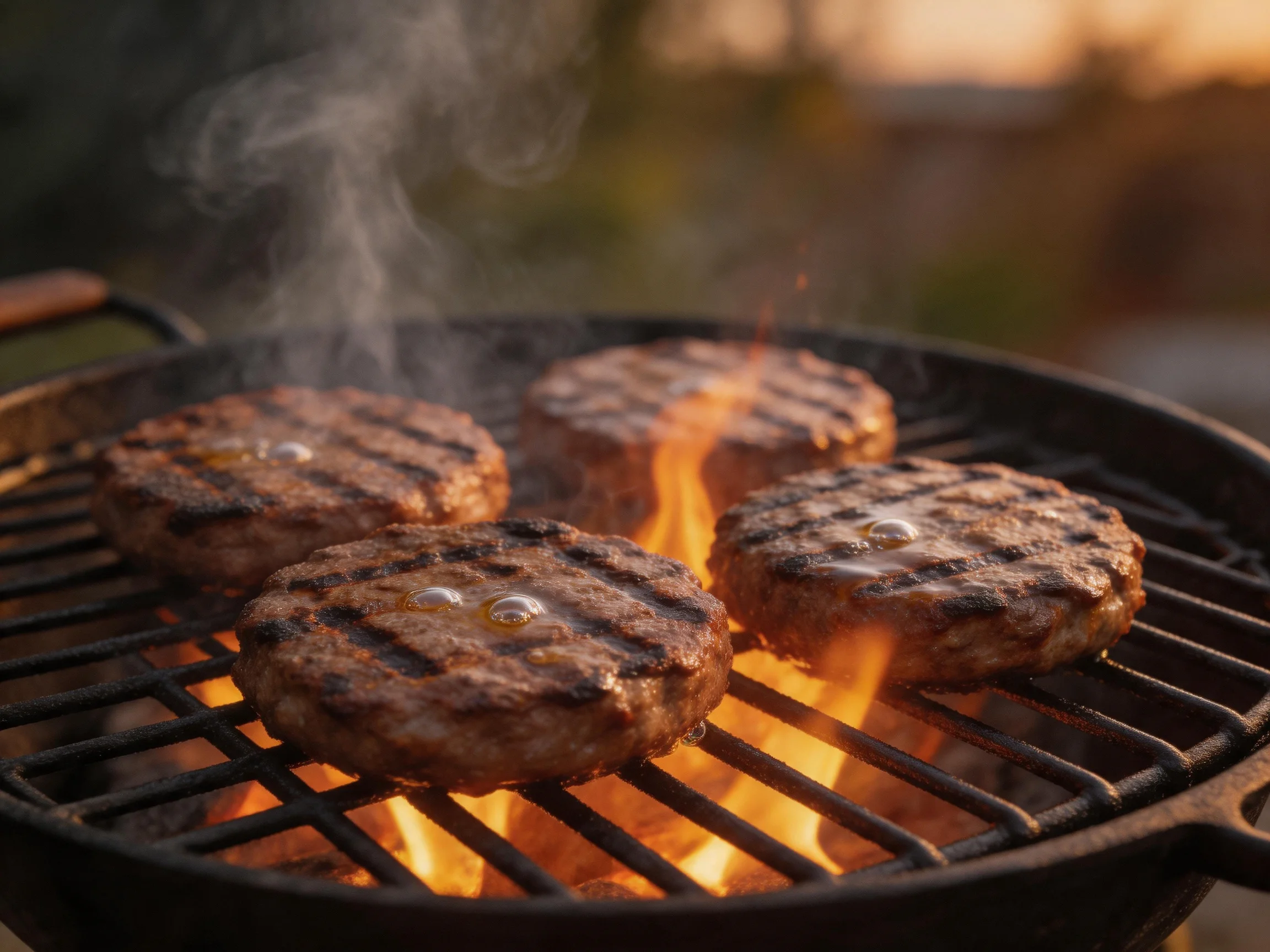 Four grilled burger patties cooking over bright flames on a black grill