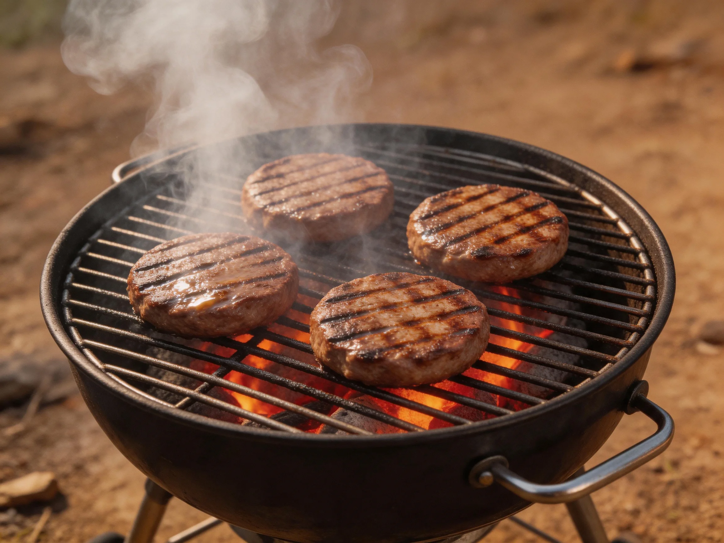 Four grilled burger patties cooking over glowing embers on a black charcoal grill