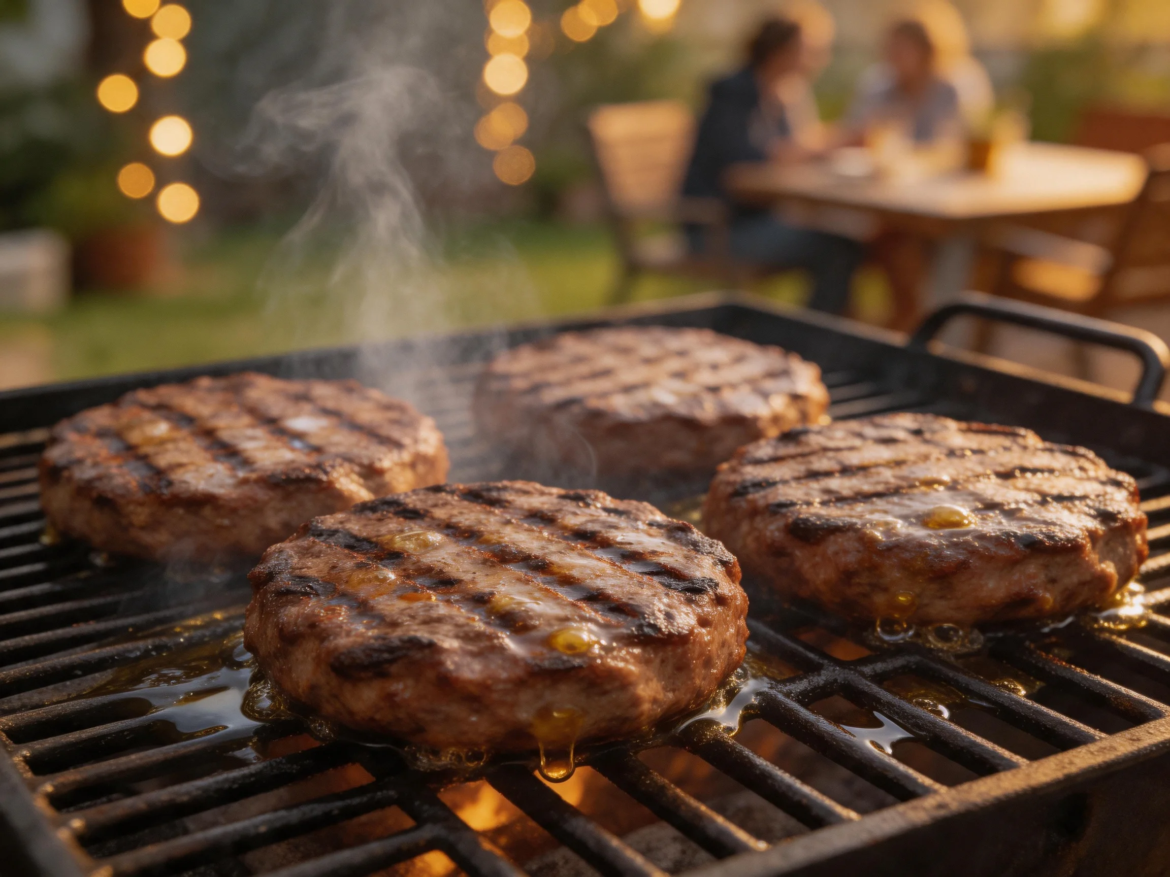 Four grilled burger patties sizzle on a barbecue grill outdoors