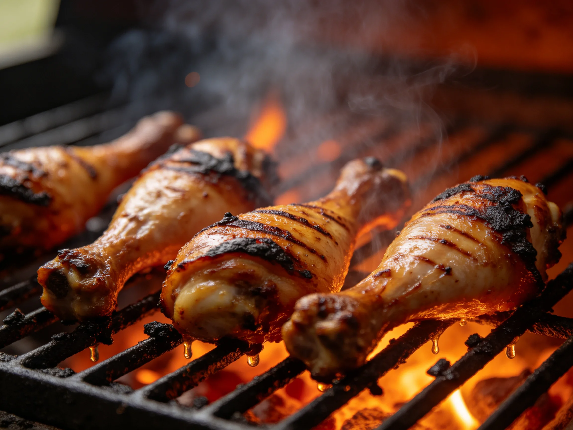 Four grilled chicken drumsticks cooking over bright flames
