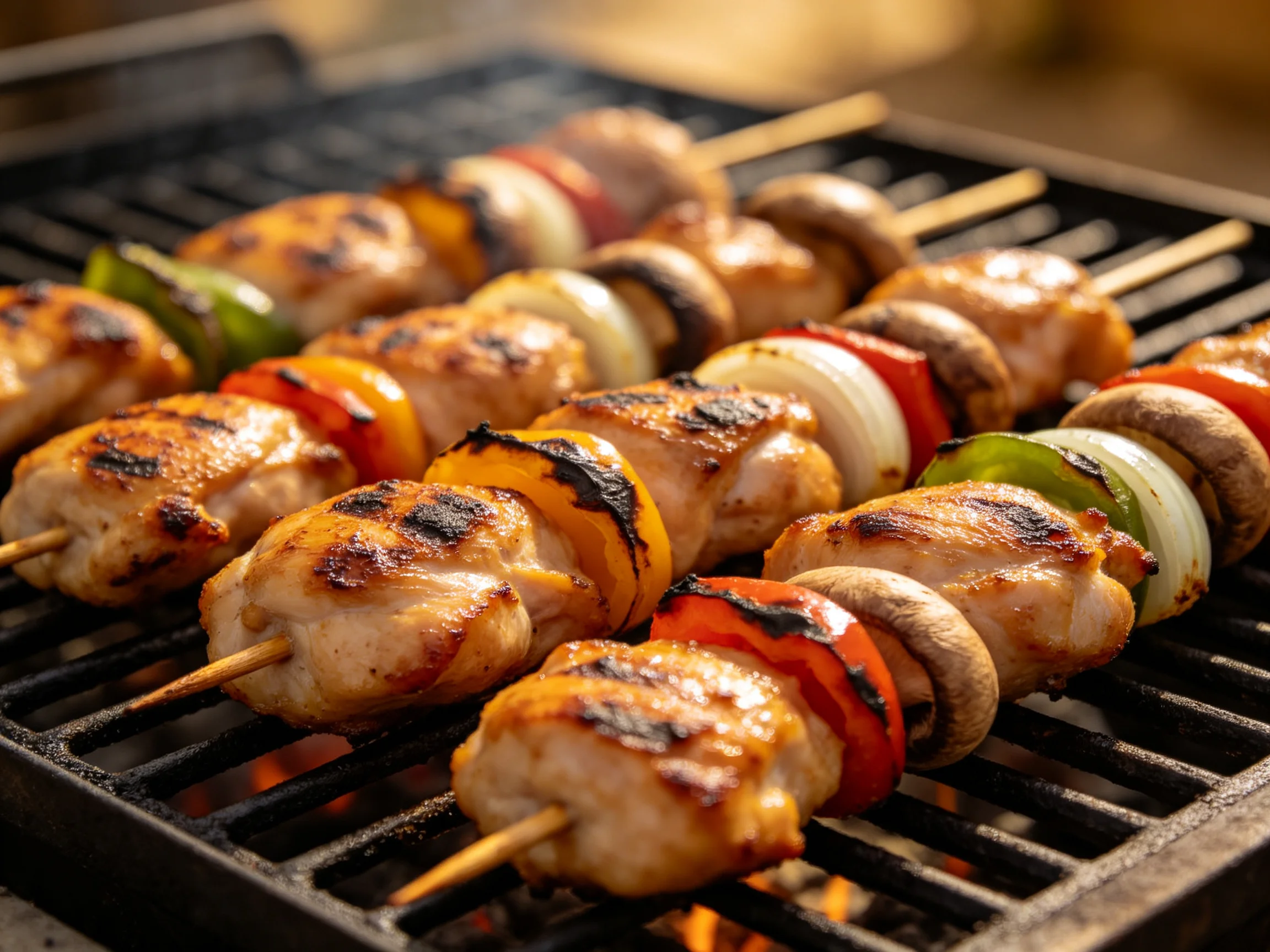 Four grilled chicken skewers with colorful vegetables on a barbecue grill