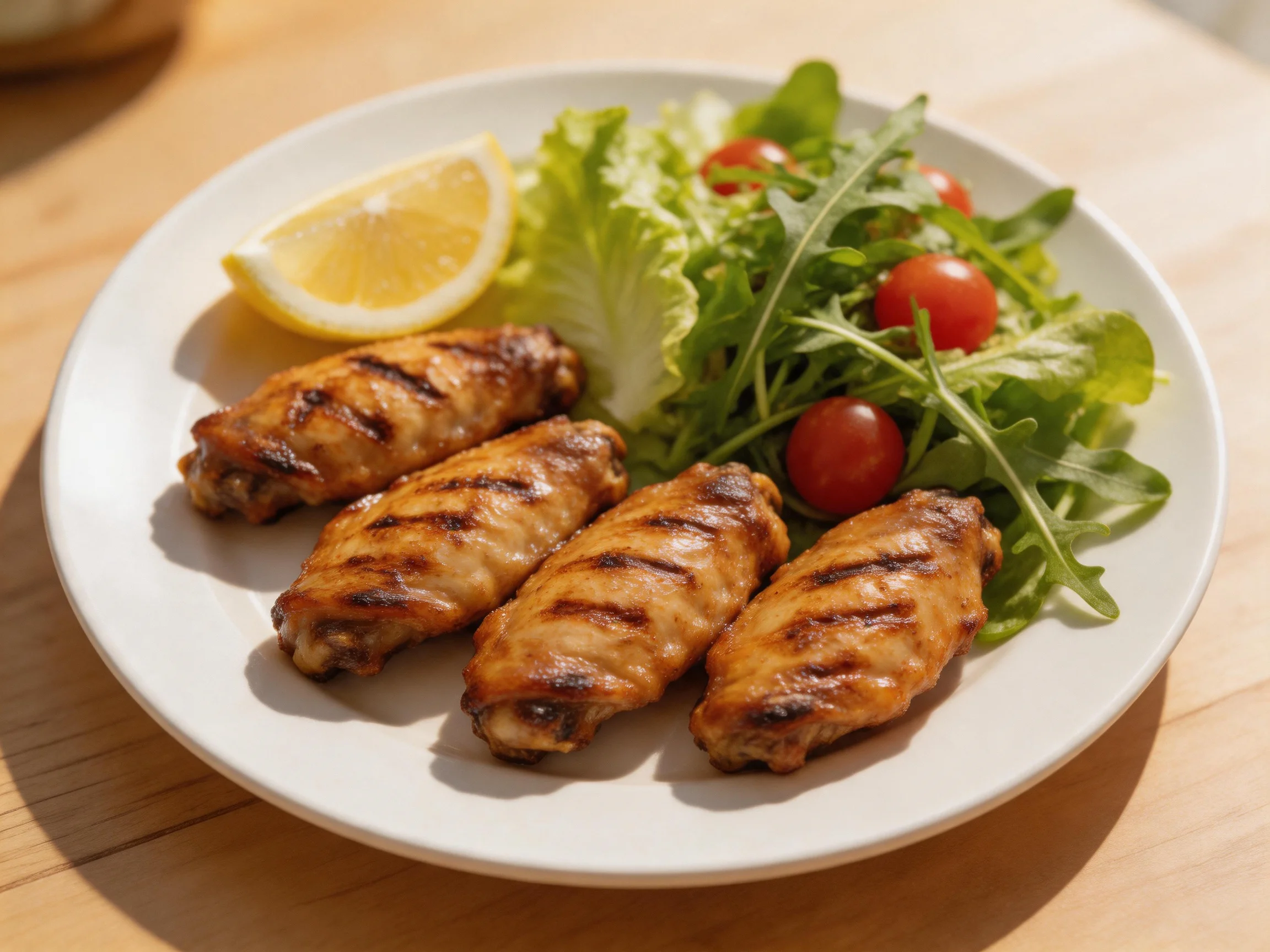 Four grilled chicken wings served with mixed greens and lemon