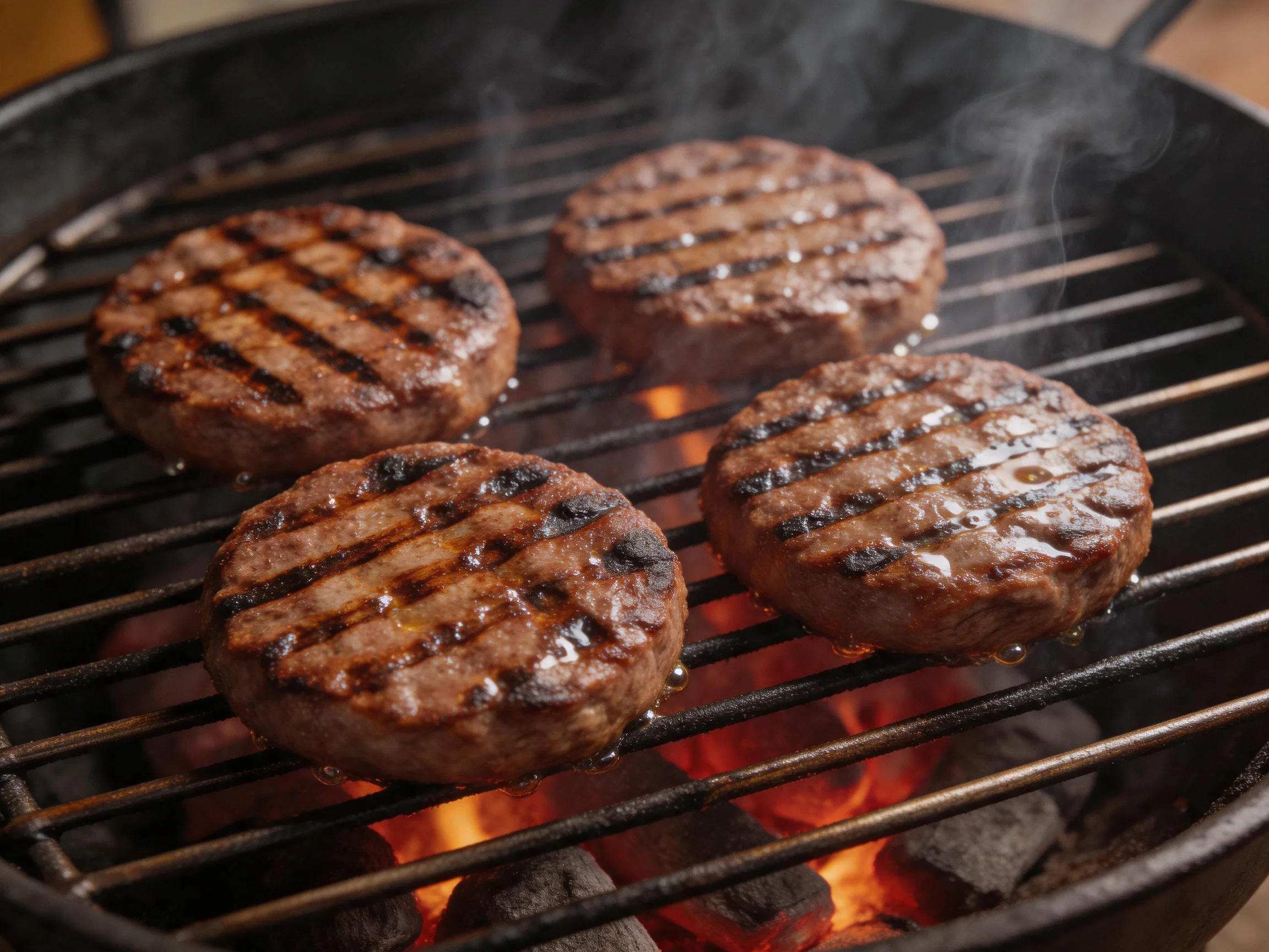 Four grilled hamburger patties cooking over bright charcoal embers