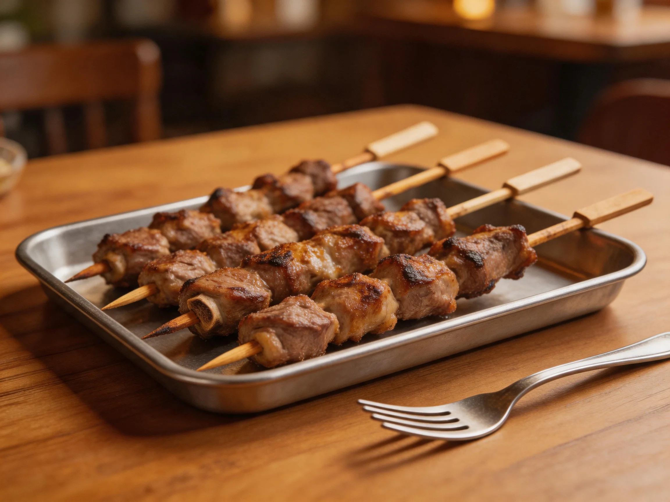 Four grilled meat skewers on a silver tray atop a wooden table