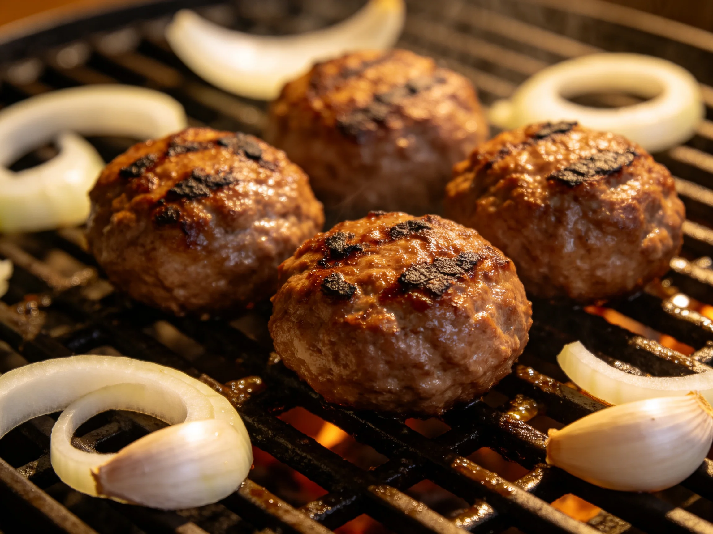 Four grilled meatballs and sliced onions on a dark grill