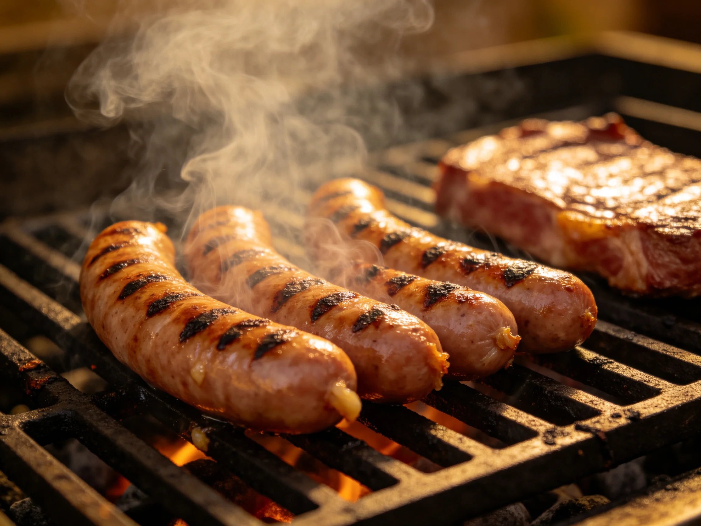 Four grilled sausages and a steak sizzle over an open flame