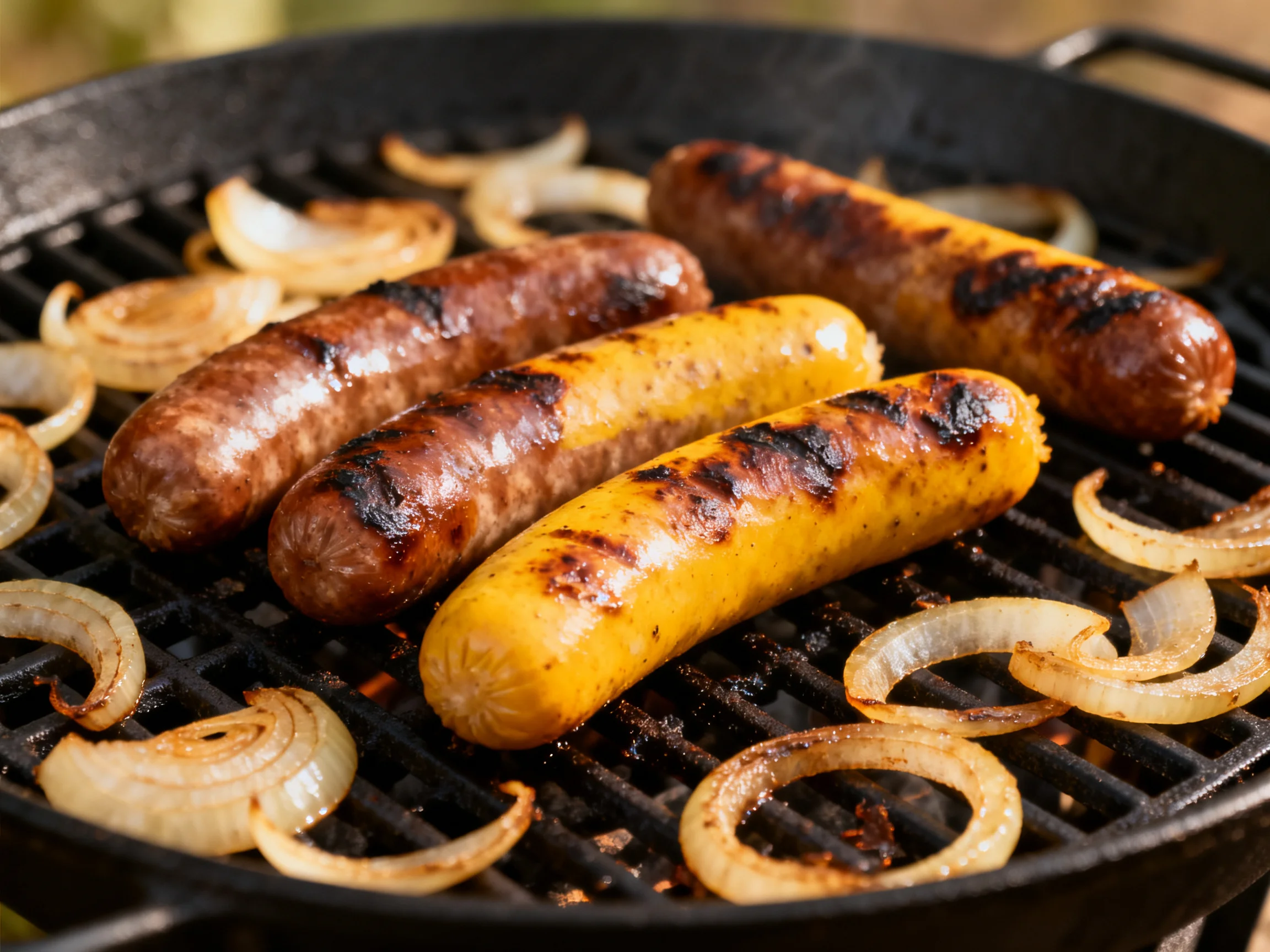 Four grilled sausages and caramelized onion rings on a cast iron grill