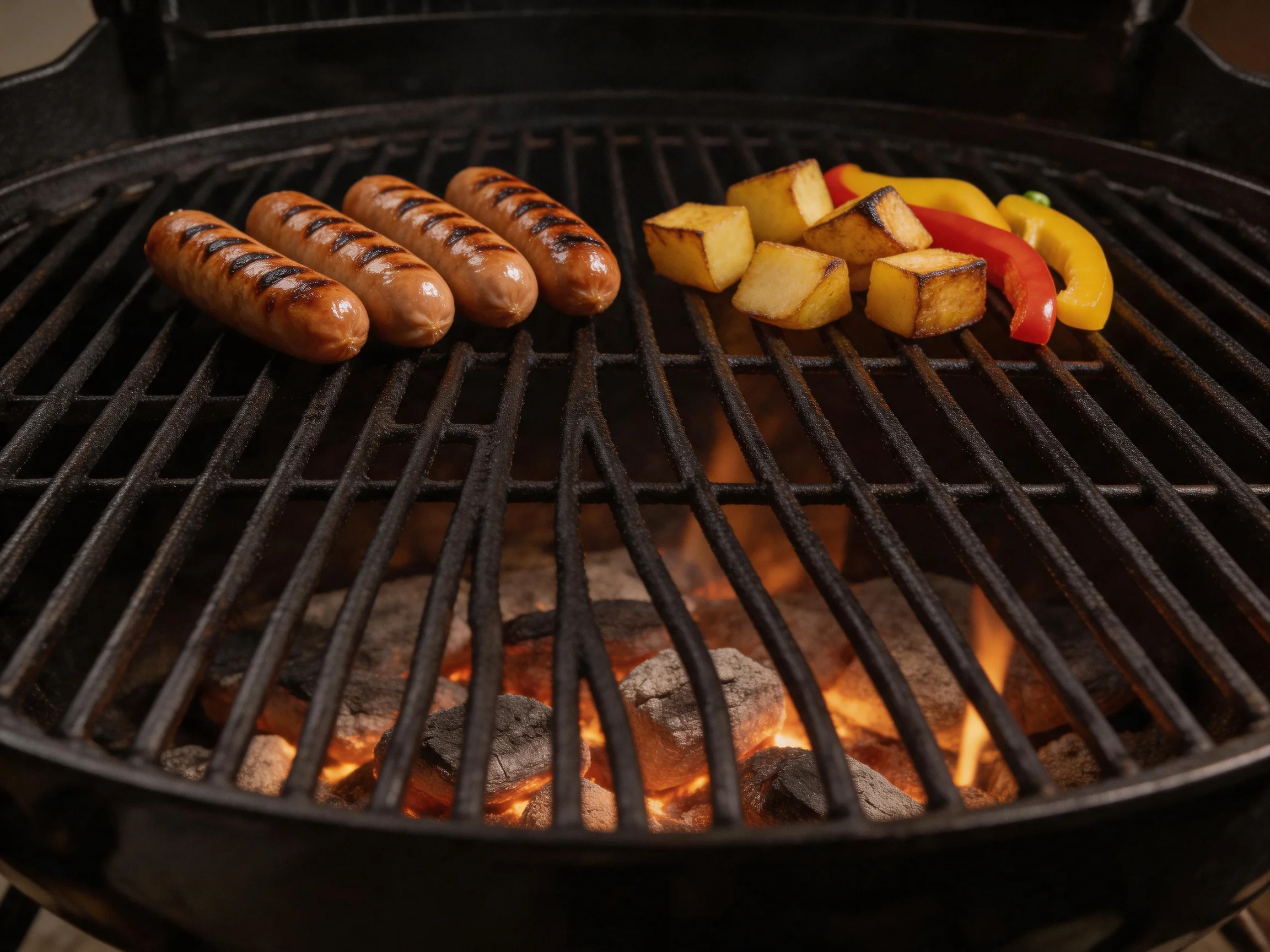 Four grilled sausages and colorful veggies cooking on a charcoal grill