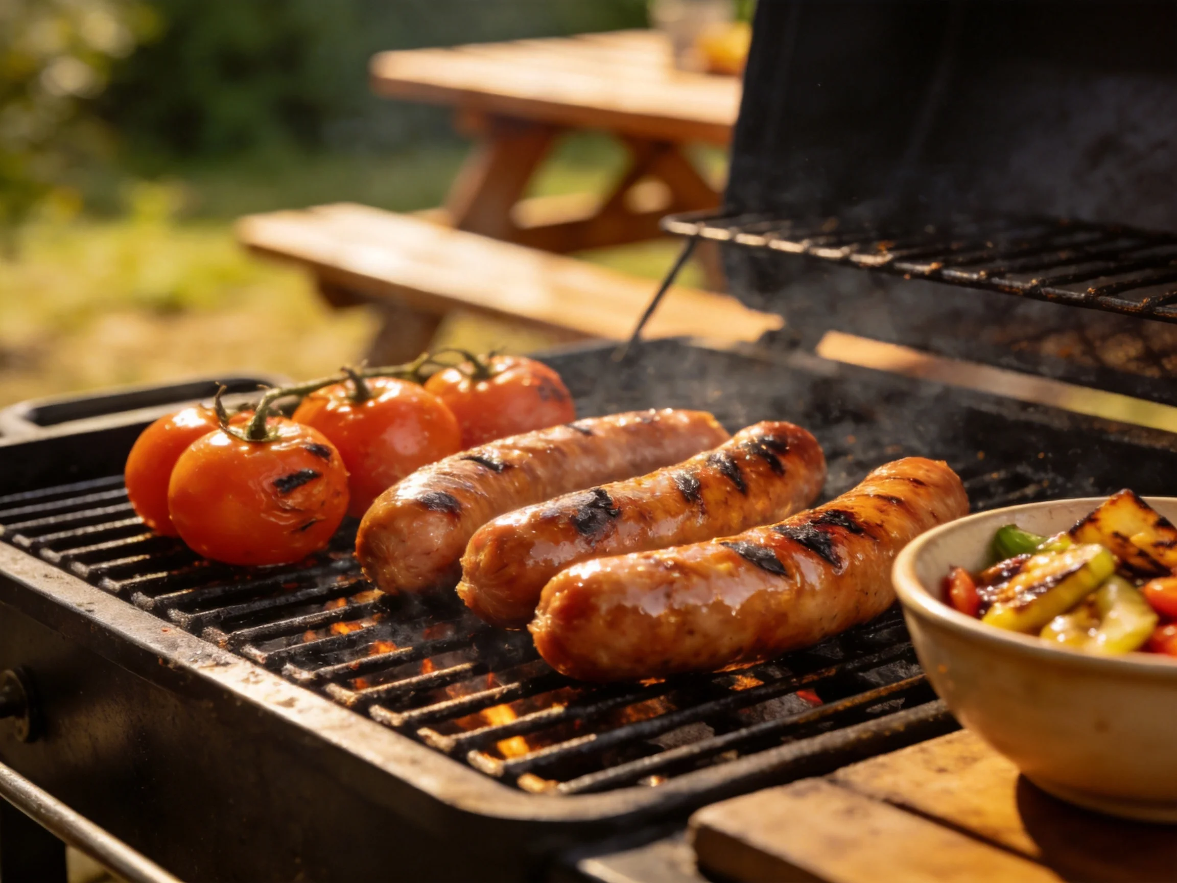Four grilled sausages and four tomatoes cook on an open barbecue