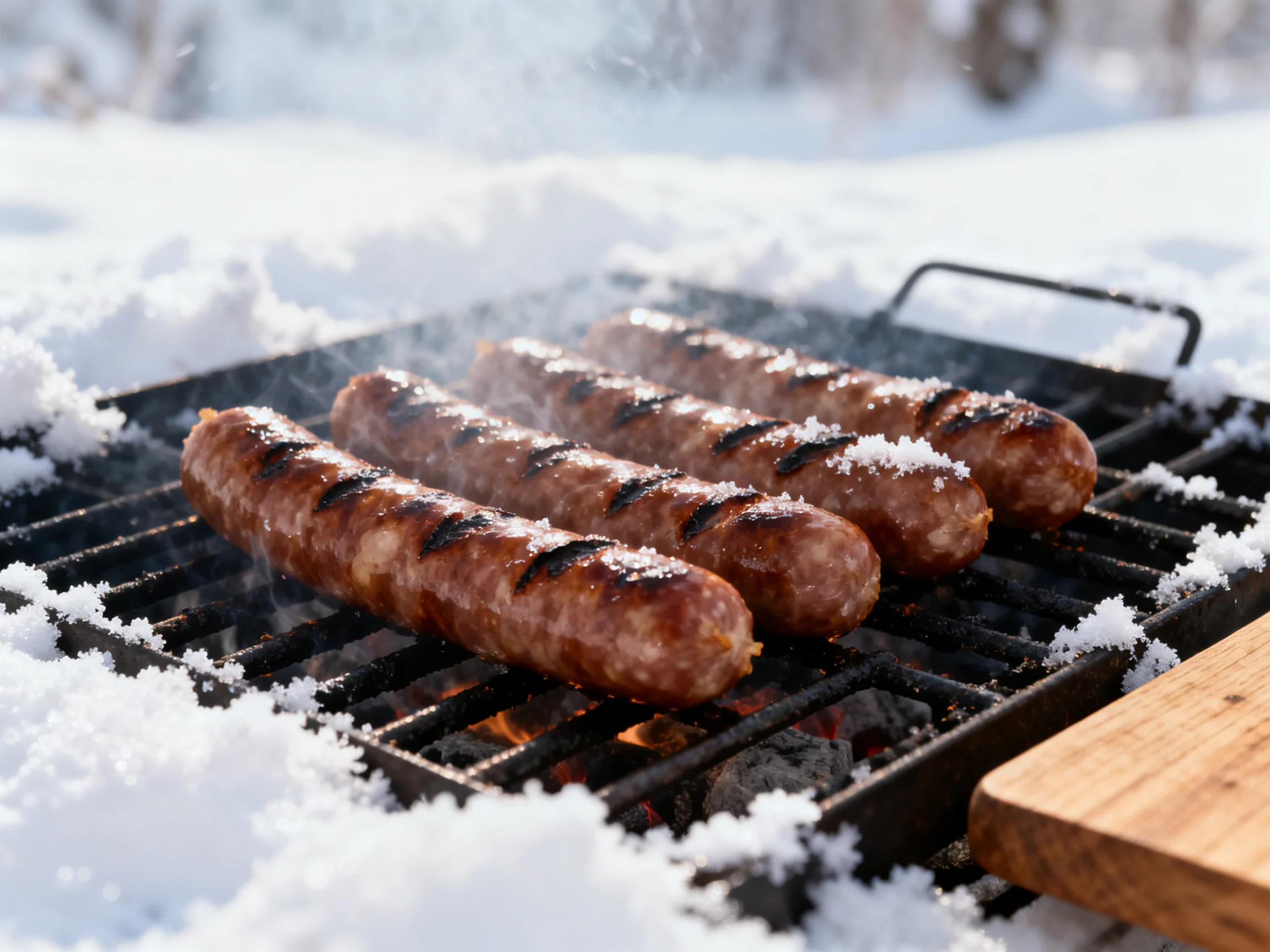 Four grilled sausages cook on a snow-covered outdoor grill