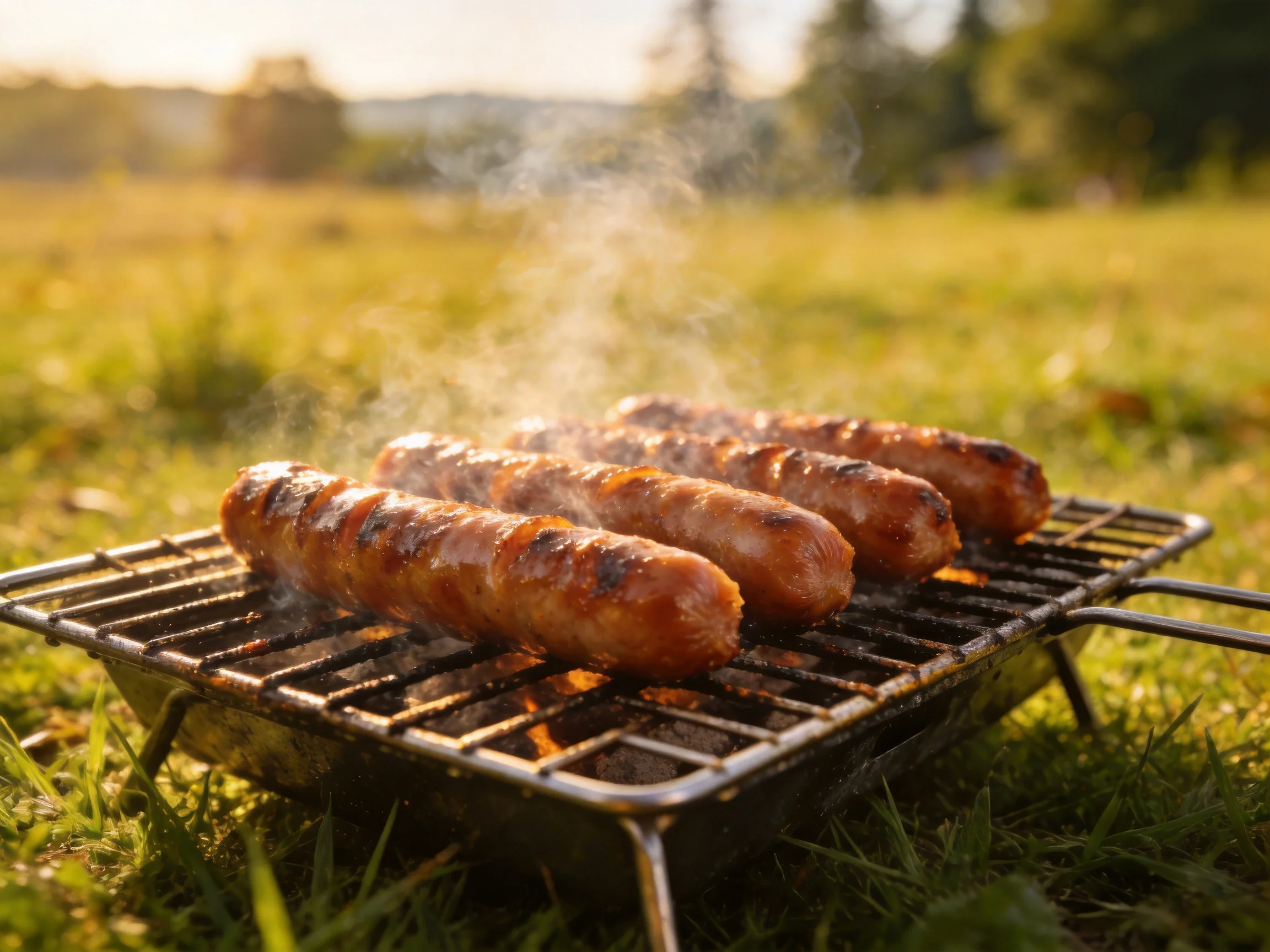 Four grilled sausages cook over an open flame in a sunny field