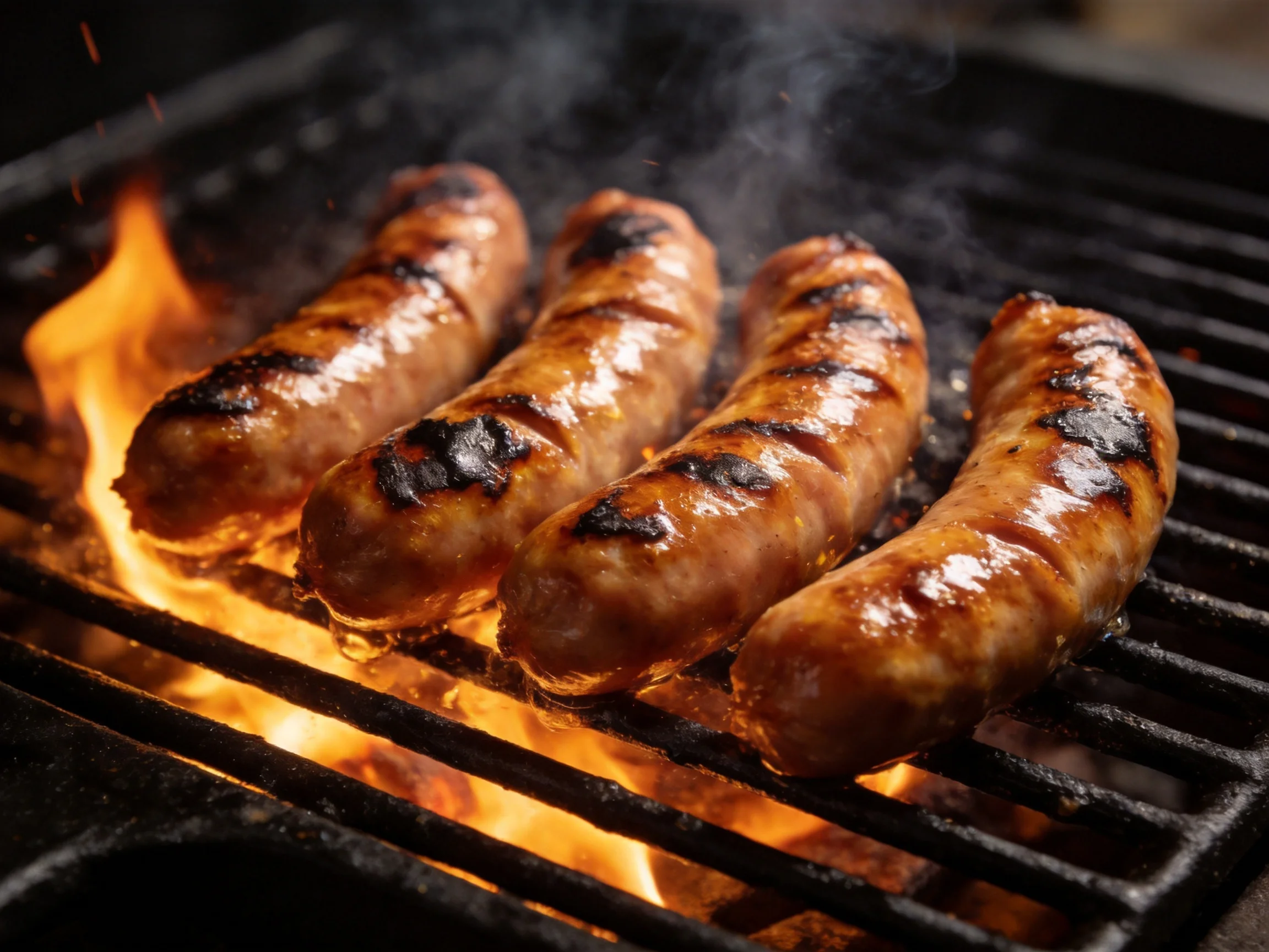 Four grilled sausages cook over bright flames on a barbecue grill