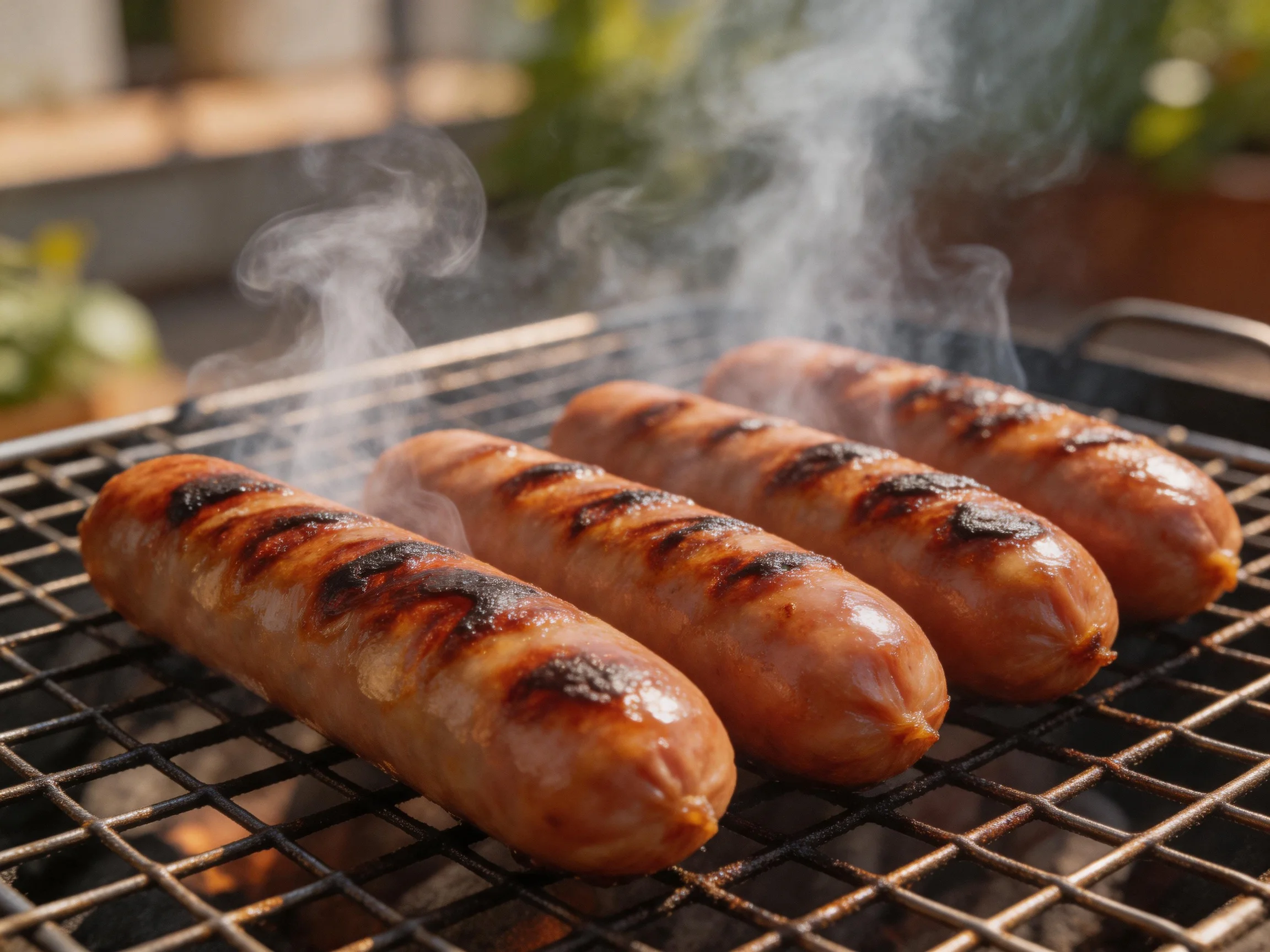 Four grilled sausages cooking over an outdoor charcoal grill