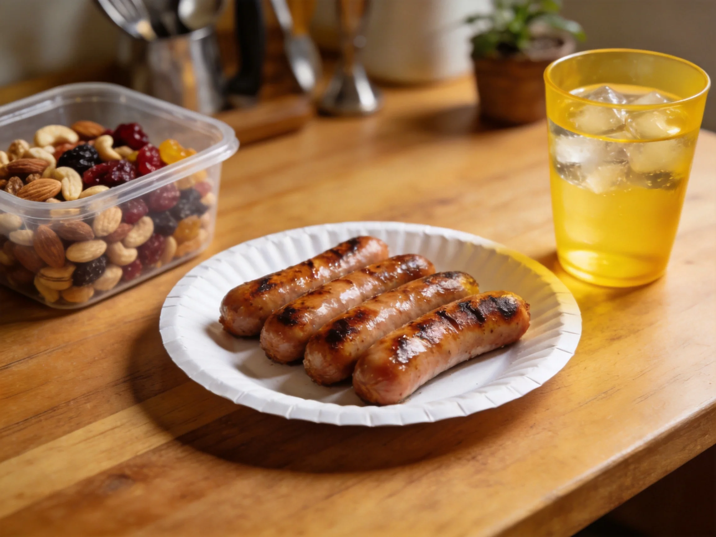 Four grilled sausages, mixed nuts, and a yellow drink on a wooden table