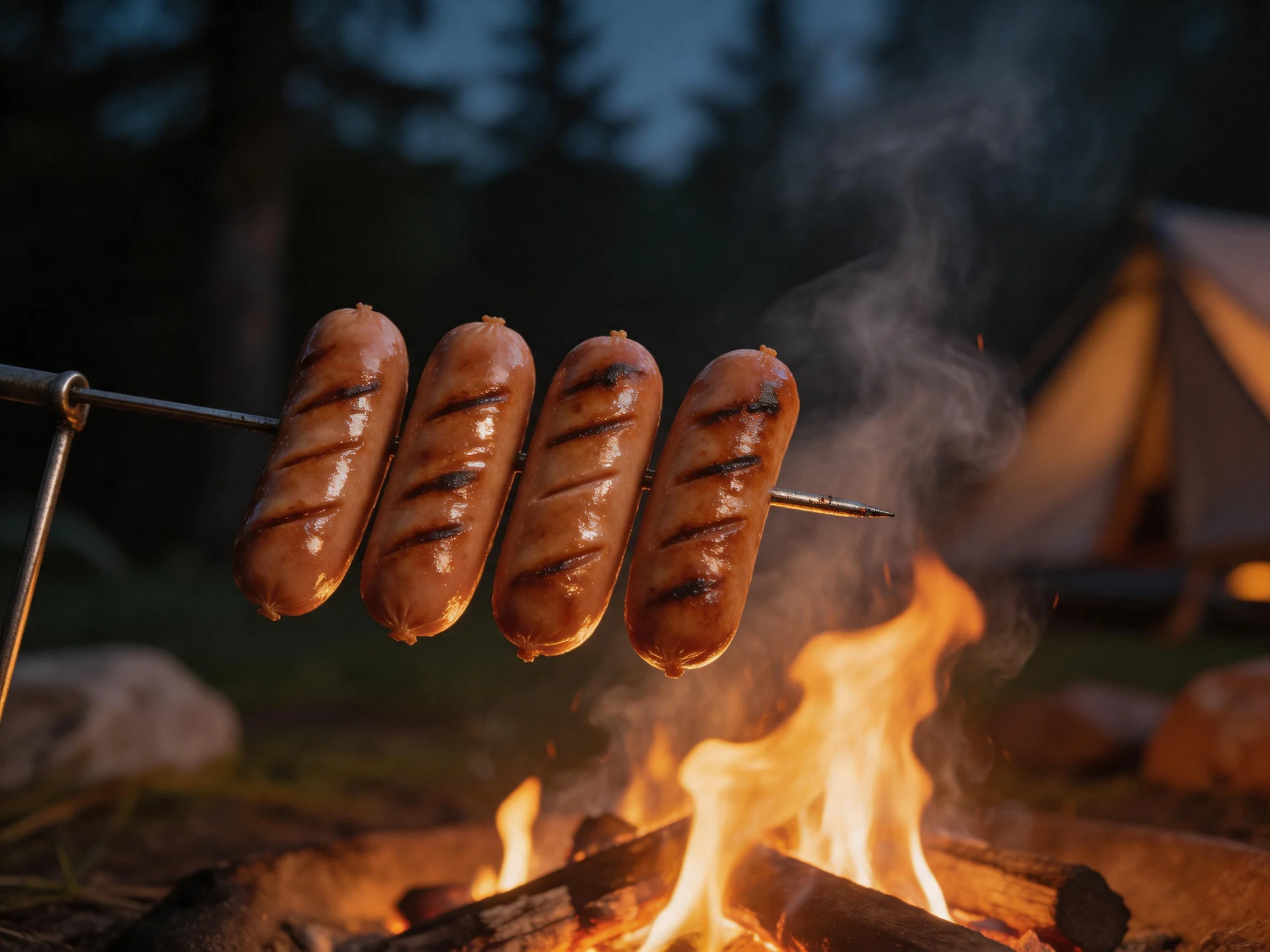 Four grilled sausages sizzle over a campfire near a tent