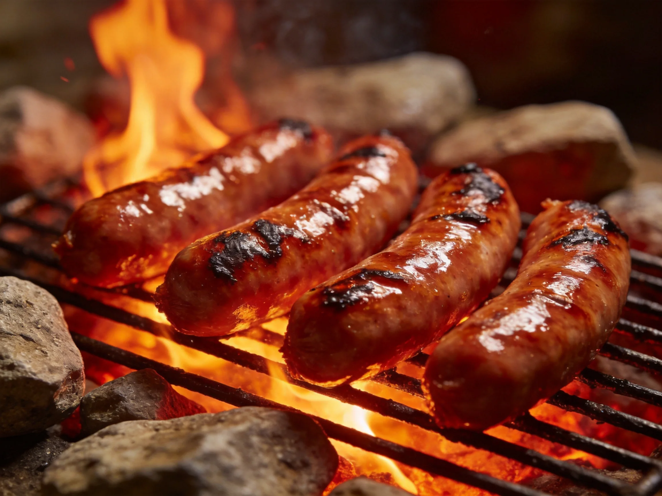 Four grilled sausages sizzle over bright flames near rocks