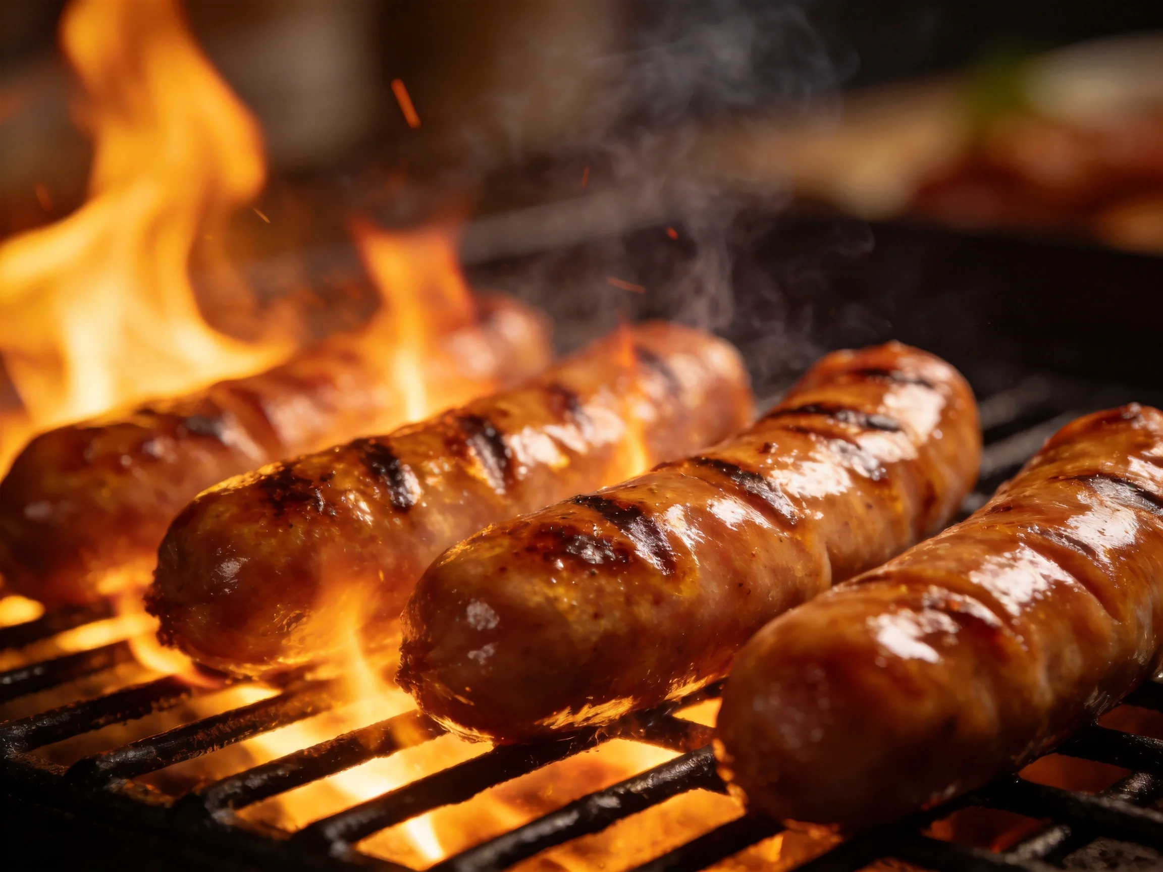 Four grilled sausages sizzle over bright orange flames