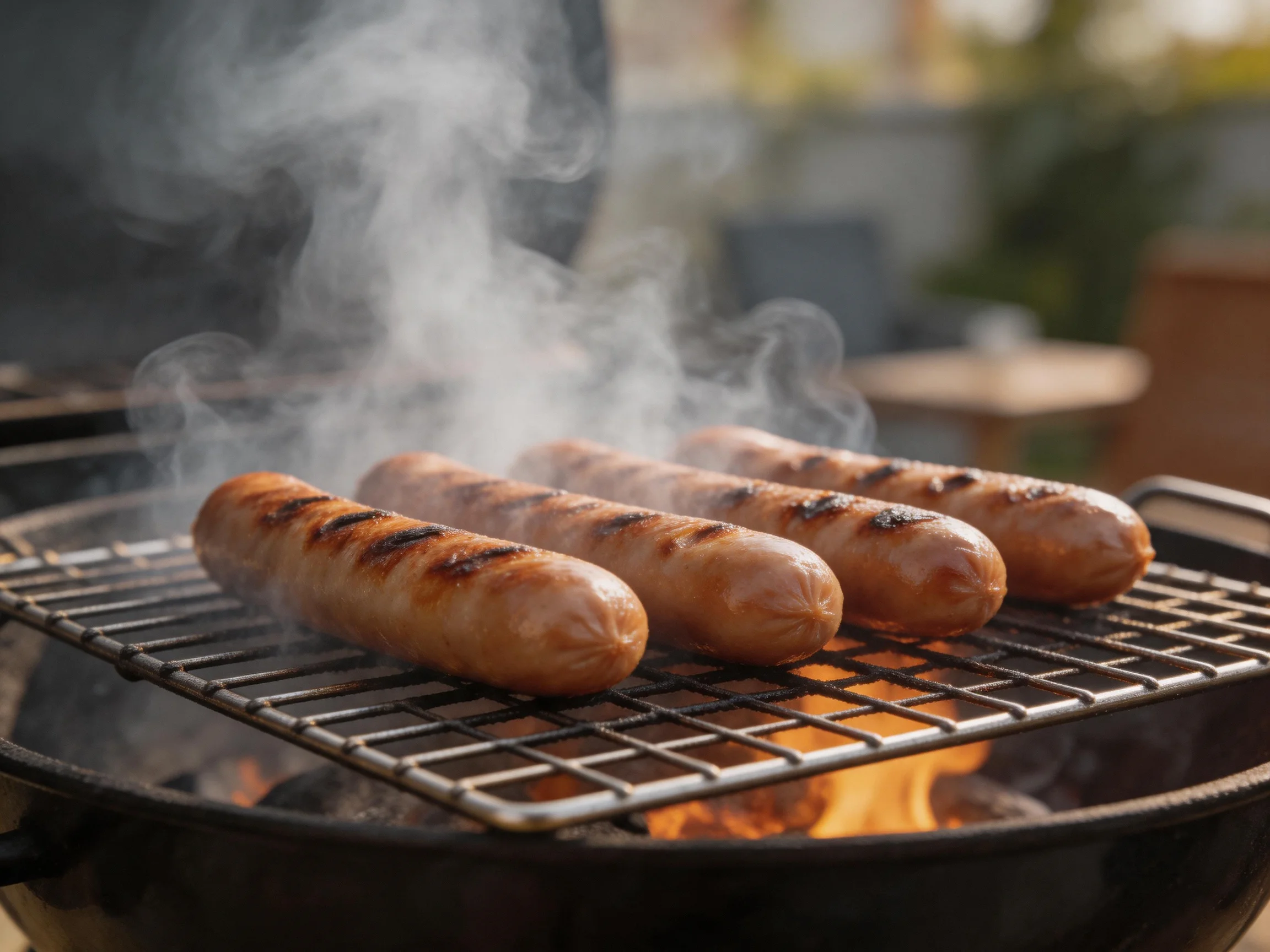 Four grilled sausages sizzling over an open flame