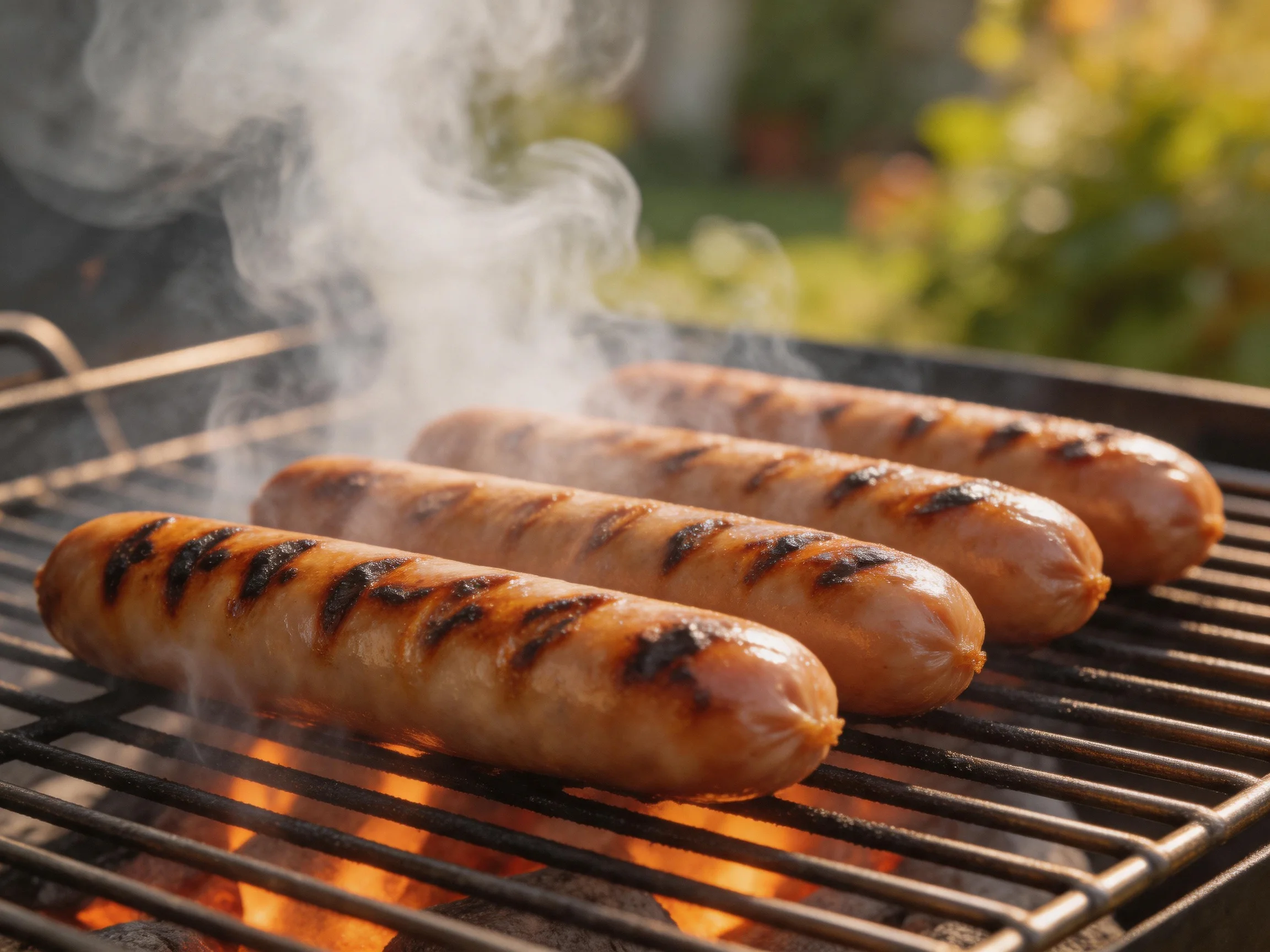 Four grilled sausages sizzling over an open flame outdoors