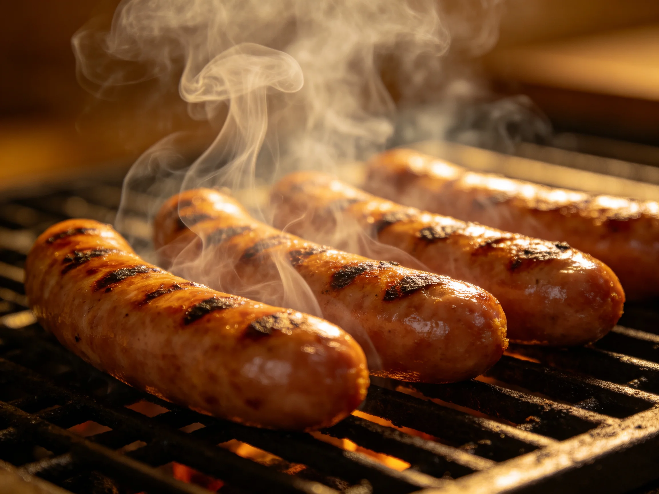Four grilled sausages sizzling with aromatic smoke