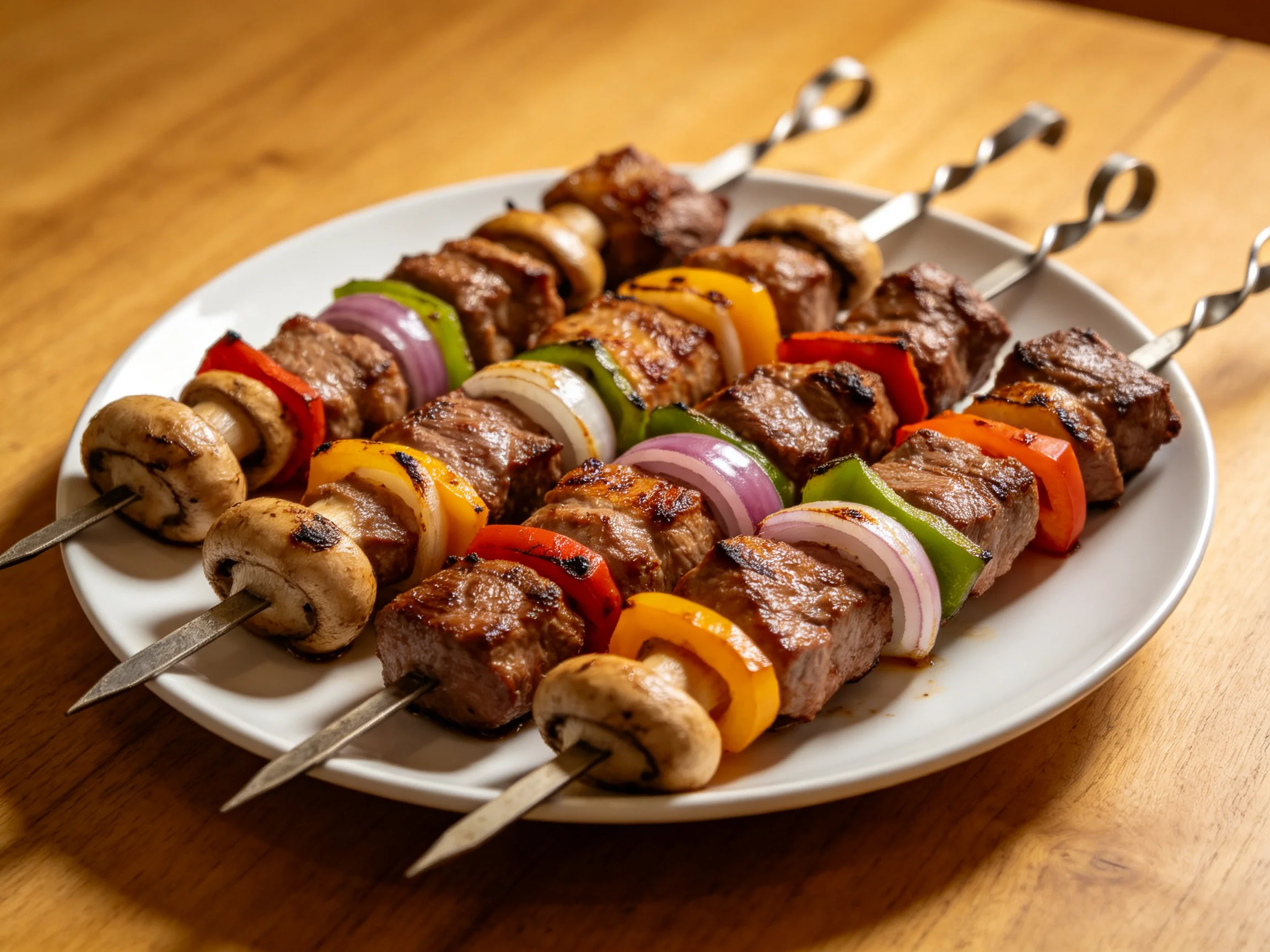 Four grilled skewers with beef, mushrooms, and colorful veggies