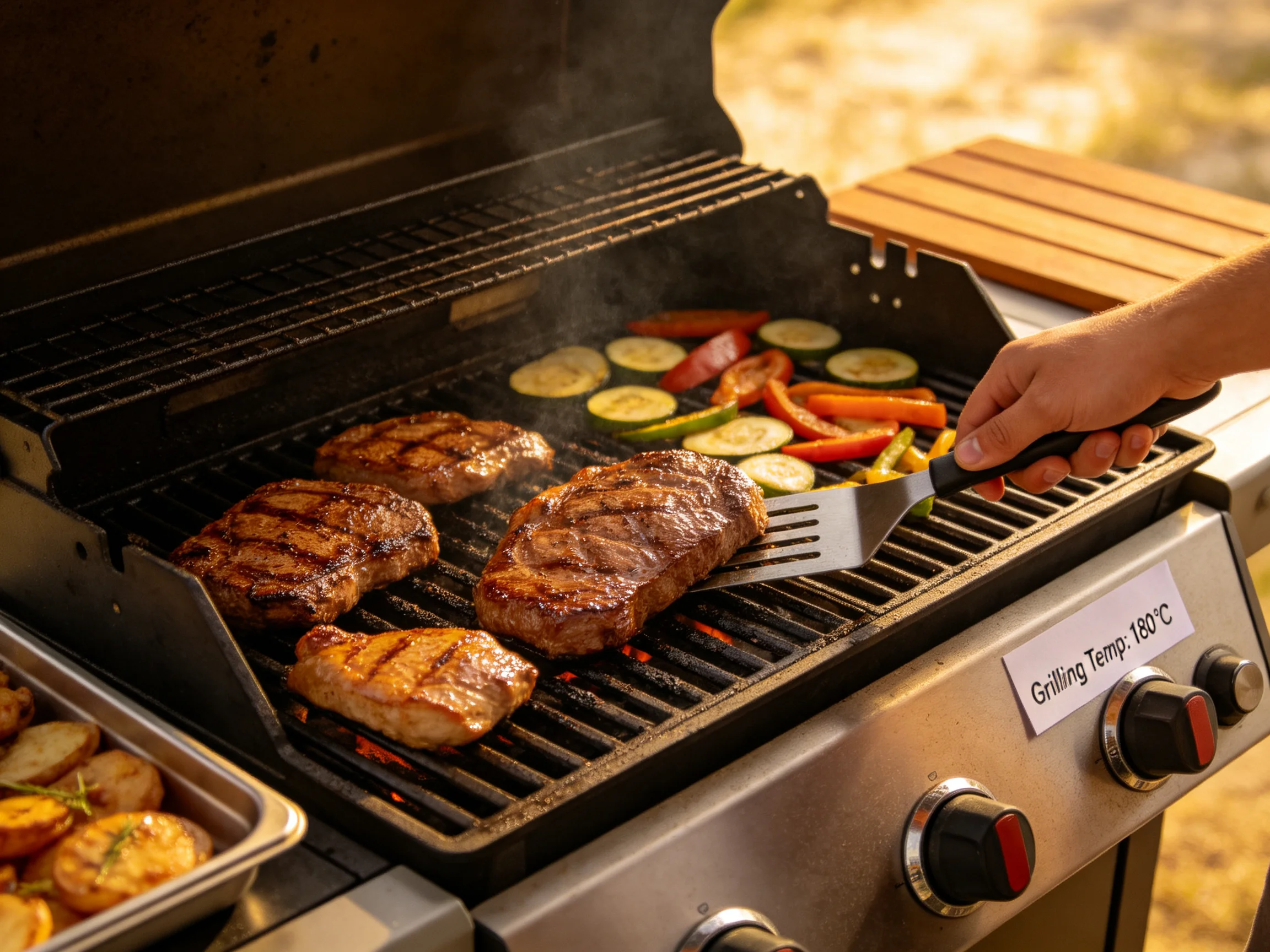 Four grilled steaks and colorful vegetables sizzle on an outdoor gas grill
